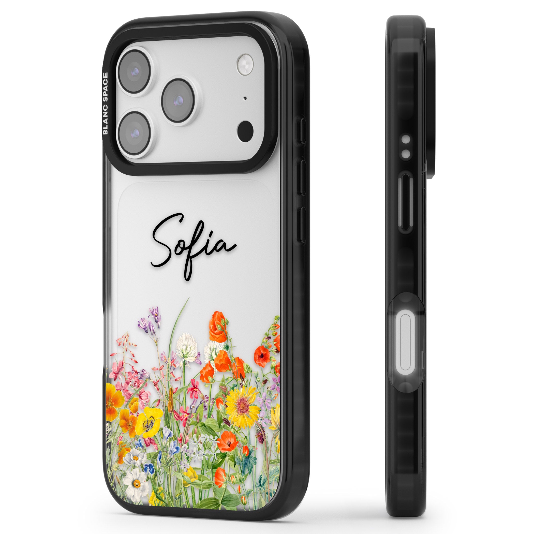 Personalised Summer Wildflowers iPhone 17 Pro Impact Black Phone Case Side Profile