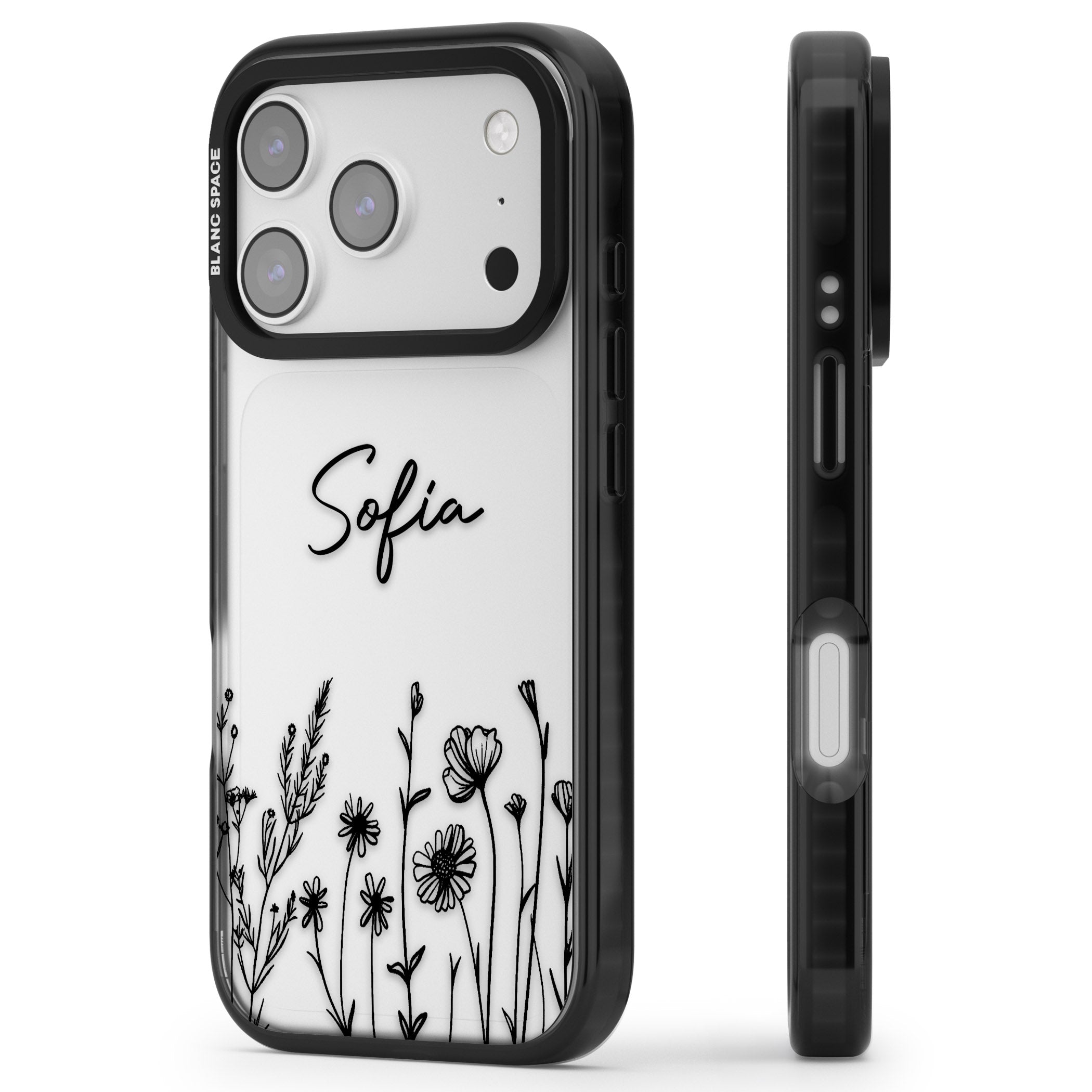 Personalised Black Wildflowers iPhone 17 Pro Max Impact Black Phone Case Side Profile