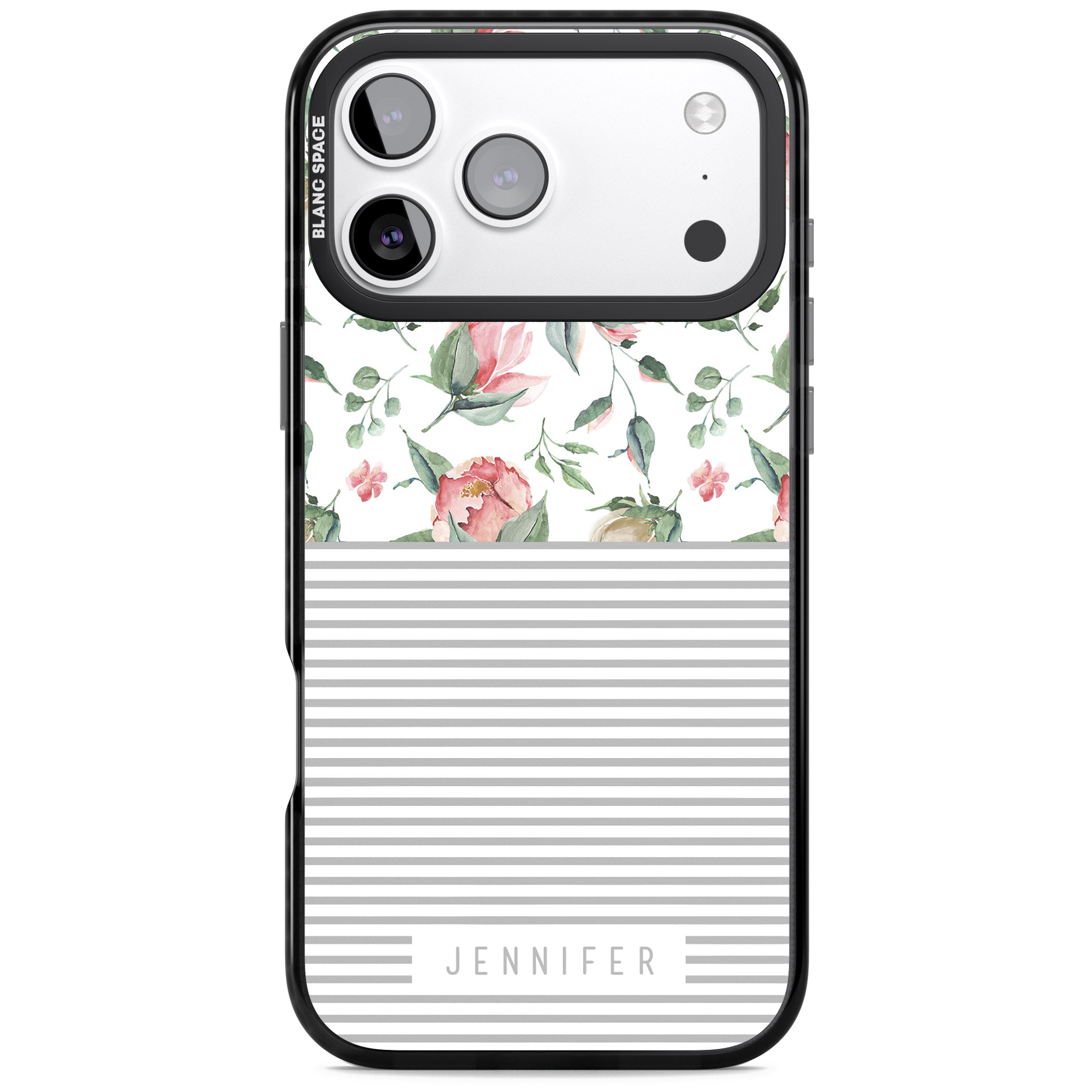 Personalised Light Floral Pattern & Stripes iPhone 17 Pro Impact Black Phone Case