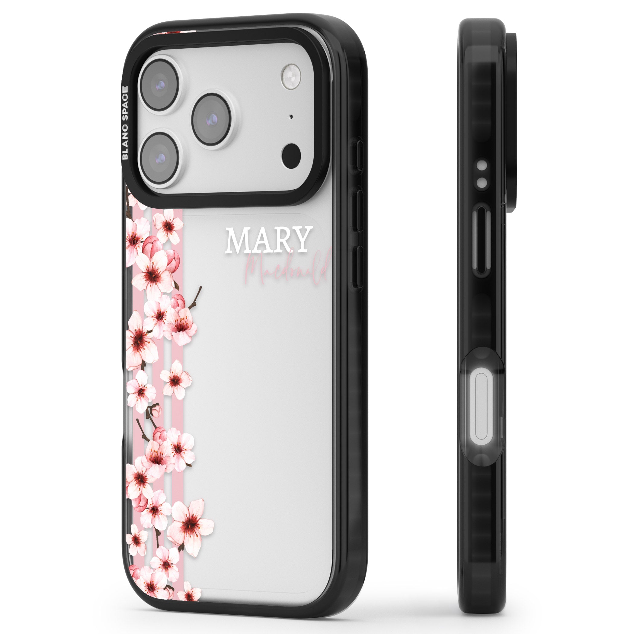Personalised Cherry Blossom Stripes iPhone 17 Pro Impact Black Phone Case Side Profile