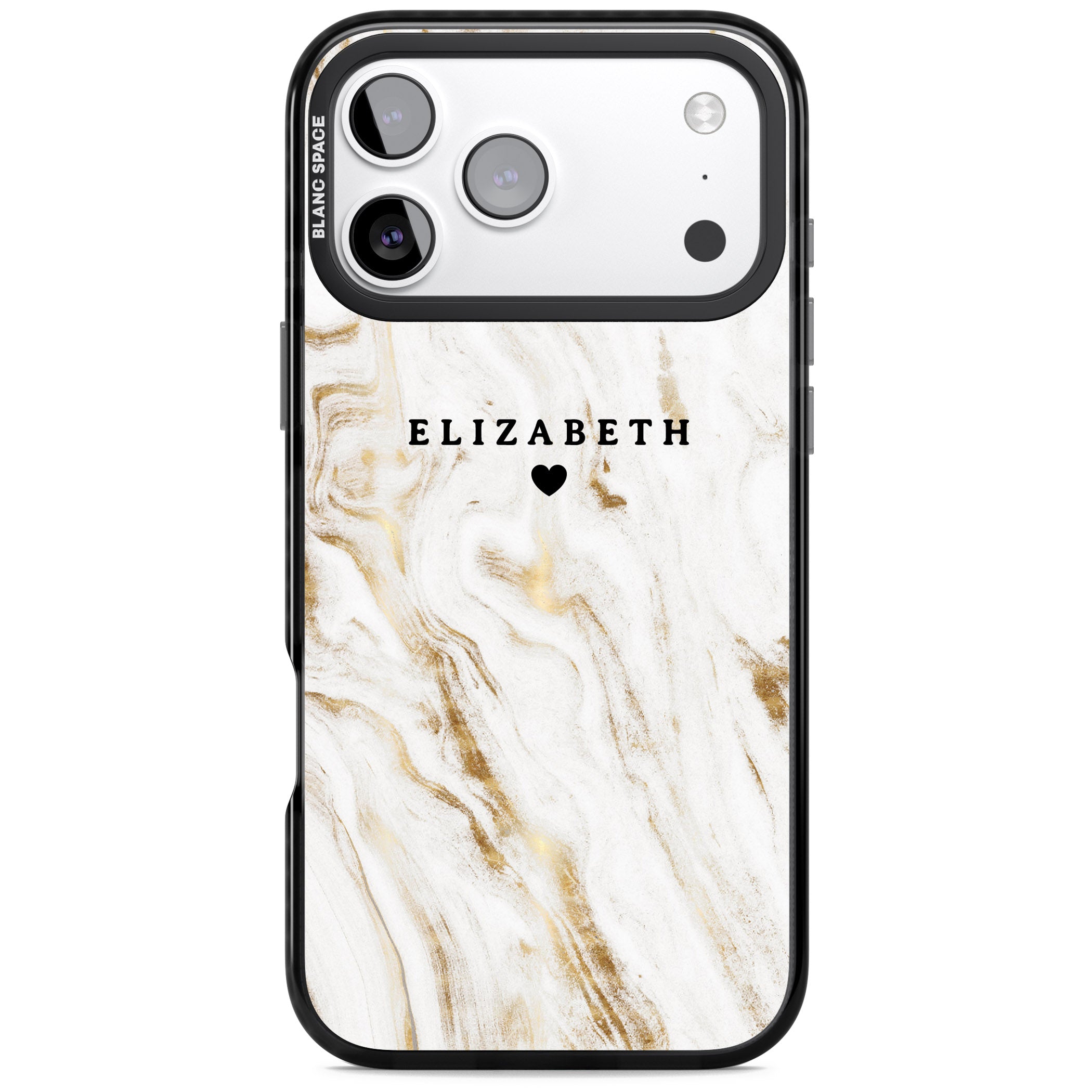 Personalised White & Gold Swirl Marble iPhone 17 Pro Impact Black Phone Case