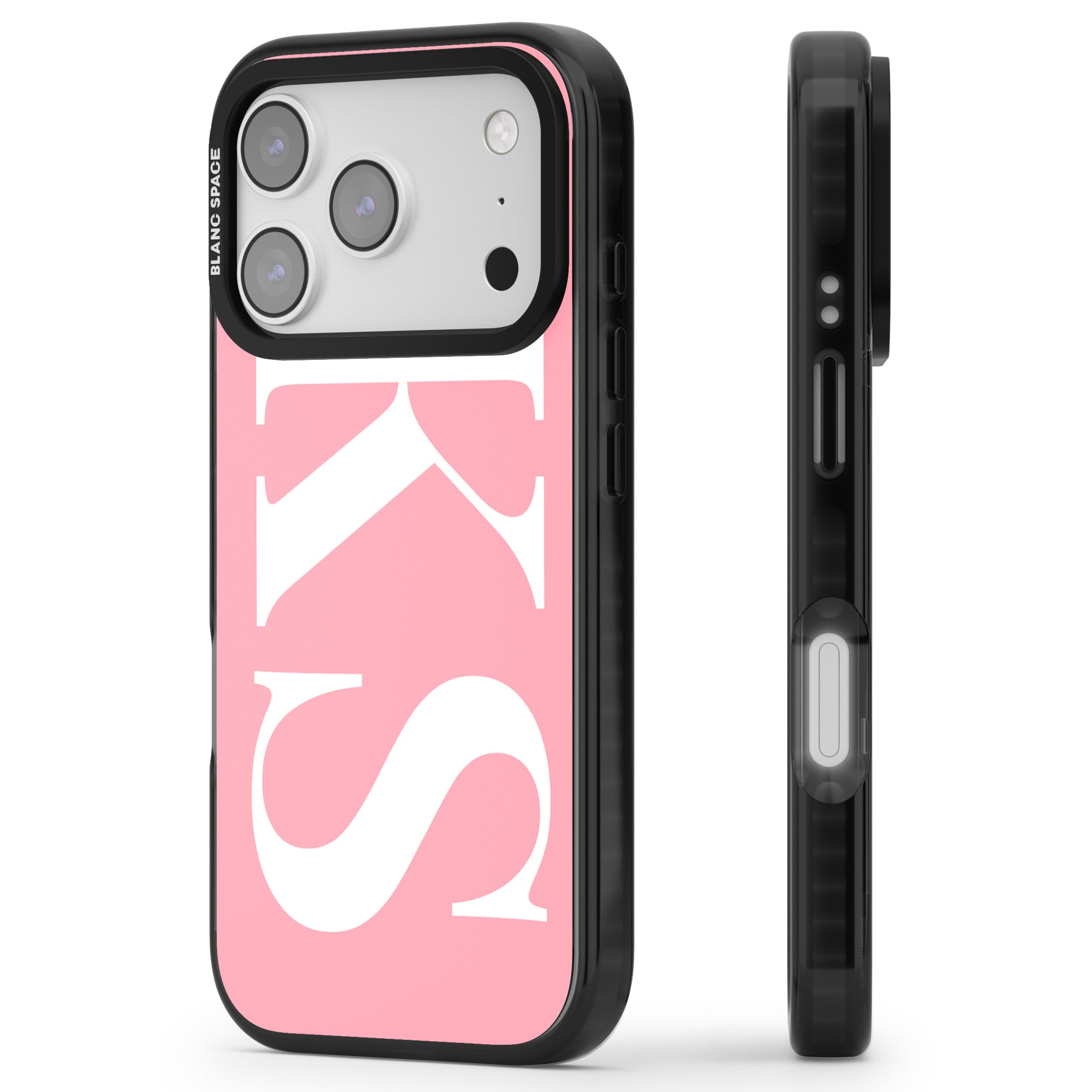 Personalised White & Pink Letters iPhone 17 Pro Max Impact Black Phone Case Side Profile