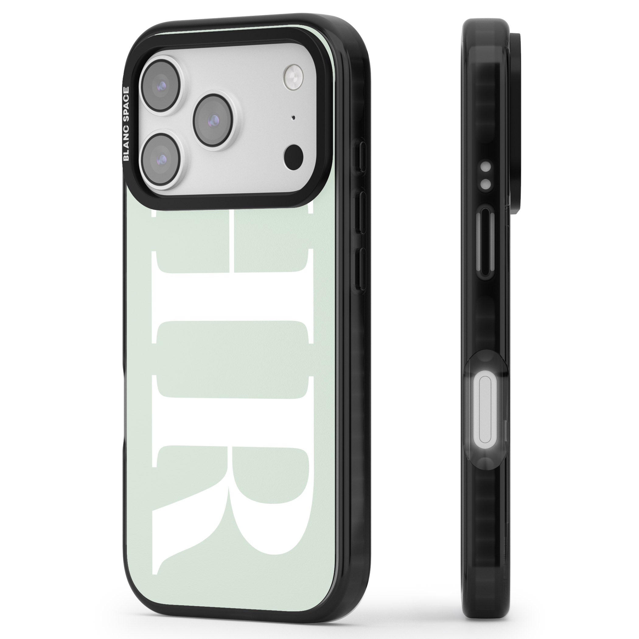 Personalised White & Seafoam Green Letters iPhone 17 Pro Max Impact Black Phone Case Side Profile