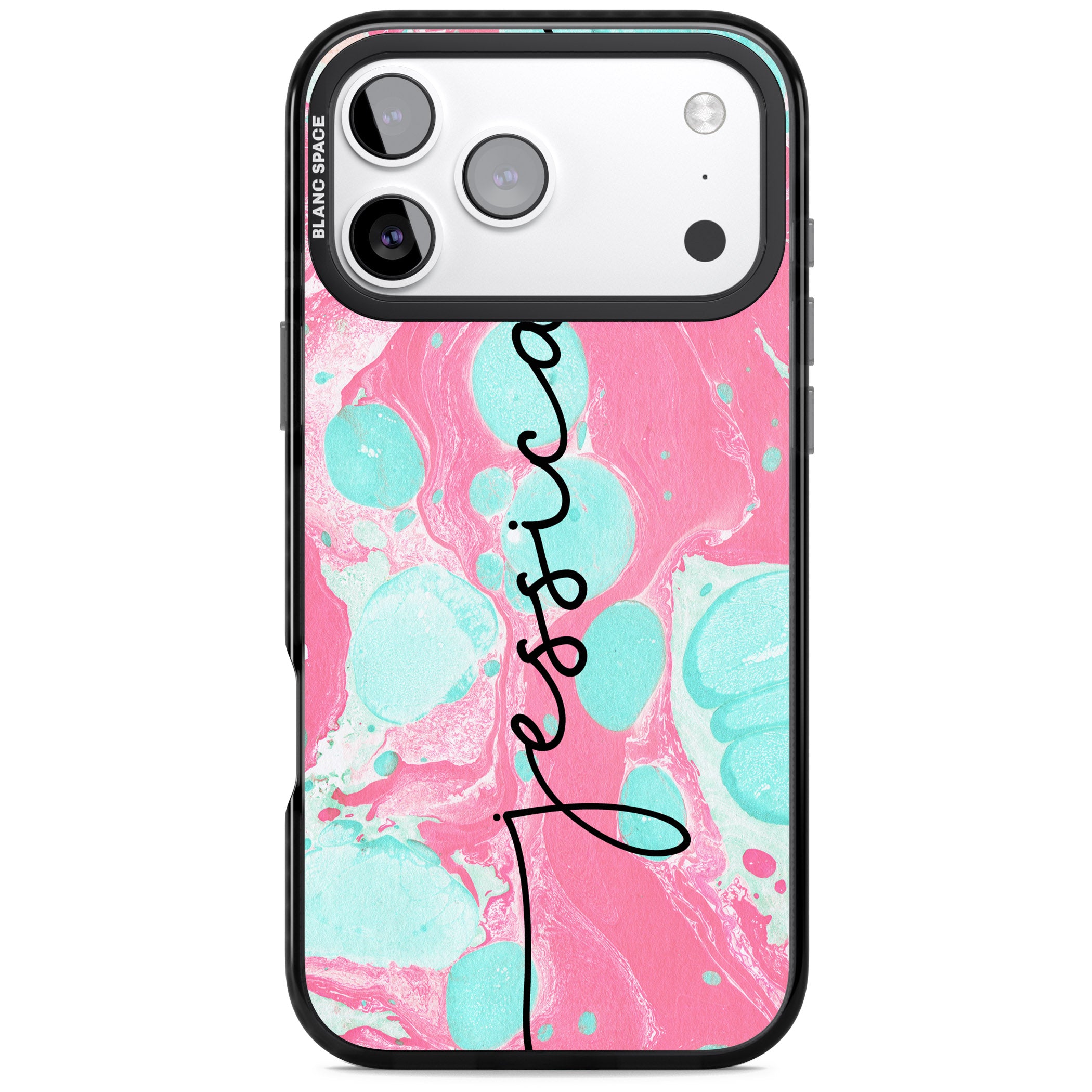 Personalised Turquoise & Pink Marbled iPhone 17 Pro Max Impact Black Phone Case