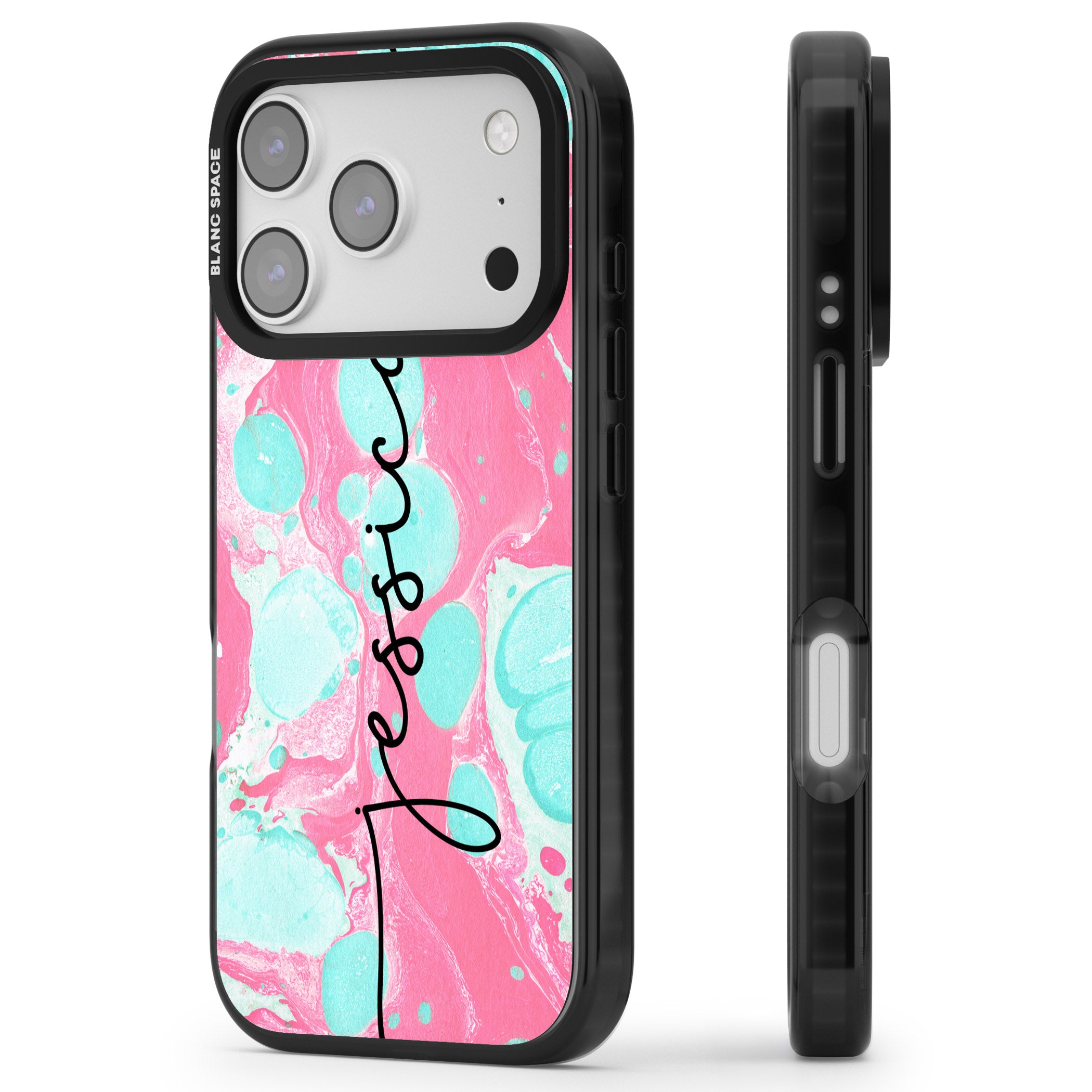 Personalised Turquoise & Pink Marbled iPhone 17 Pro Max Impact Black Phone Case Side Profile