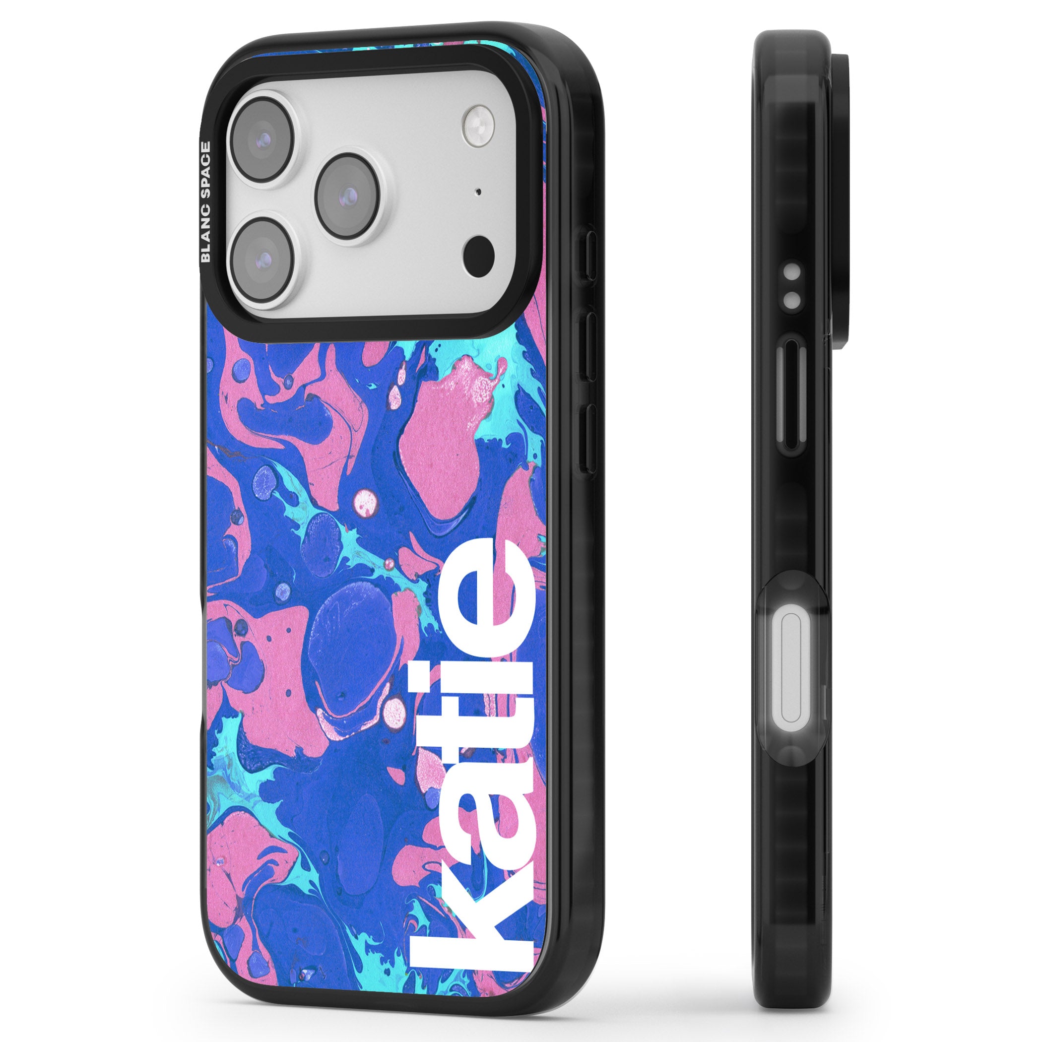 Personalised Navy & Turquoise Marbled iPhone 17 Pro Impact Black Phone Case Side Profile