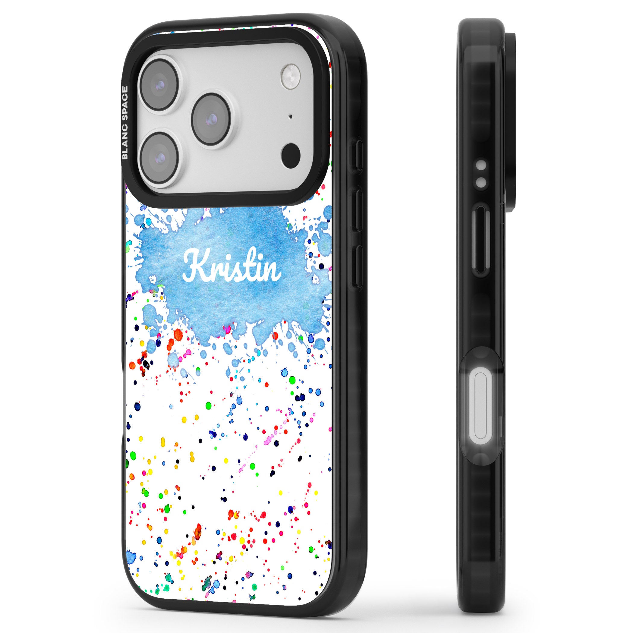 Personalised Rainbow Splatter Name iPhone 17 Pro Impact Black Phone Case Side Profile