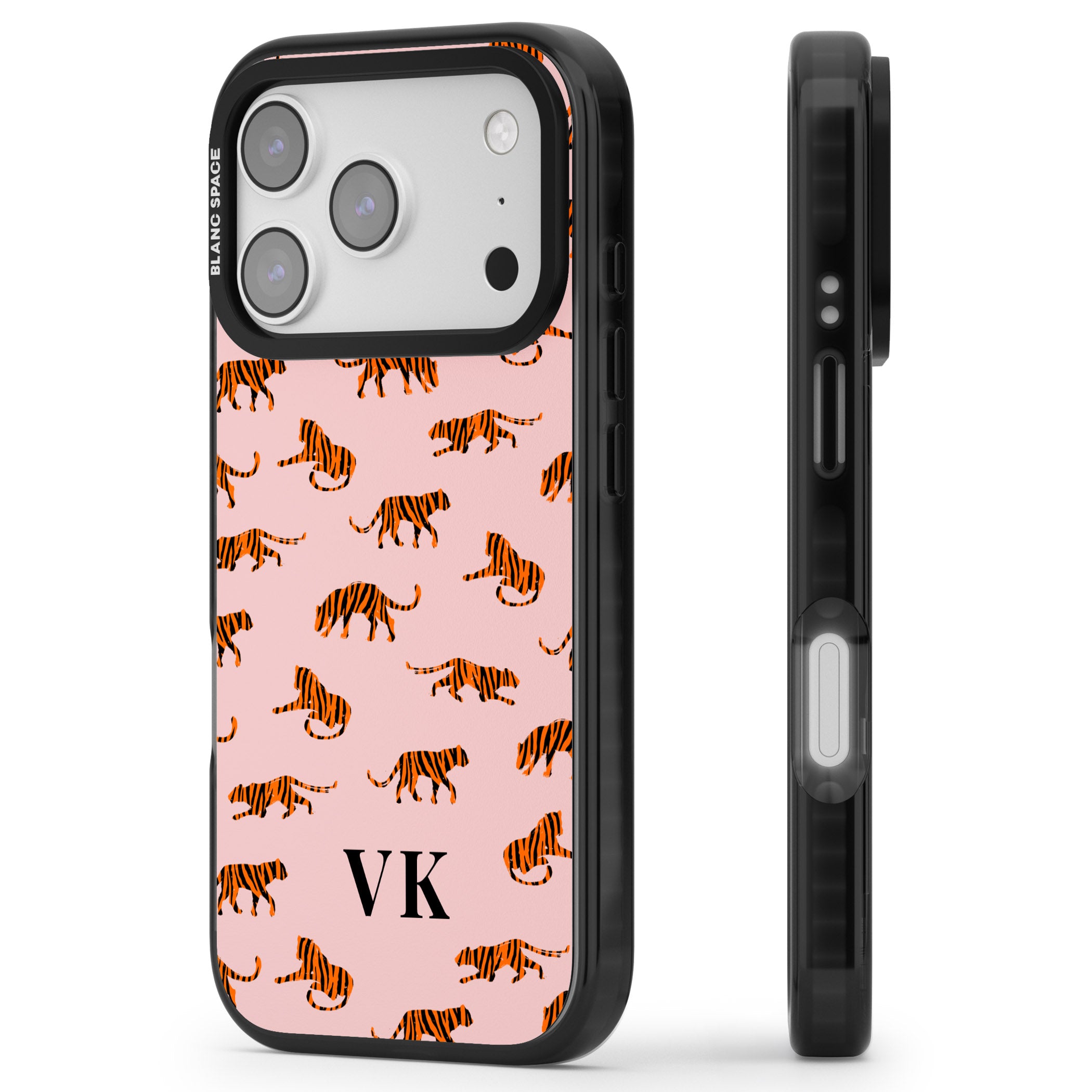 Personalised Pink Safari Tiger Pattern iPhone 17 Pro Impact Black Phone Case Side Profile