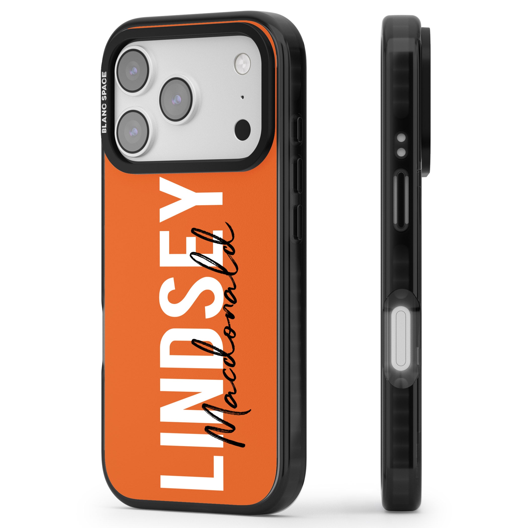 Personalised Bold Name: Orange iPhone 17 Pro Impact Black Phone Case Side Profile