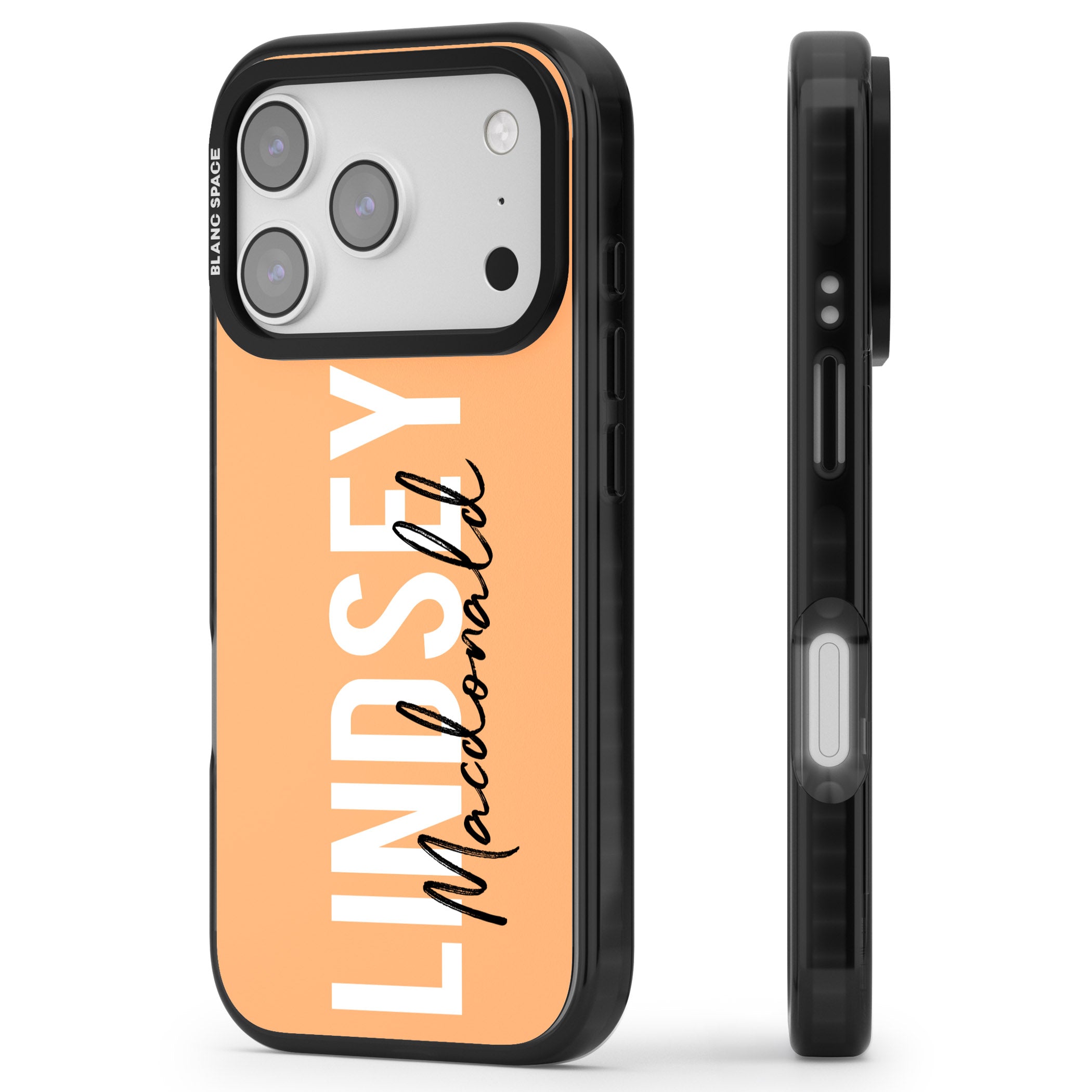 Personalised Bold Name: Peach iPhone 17 Pro Max Impact Black Phone Case Side Profile