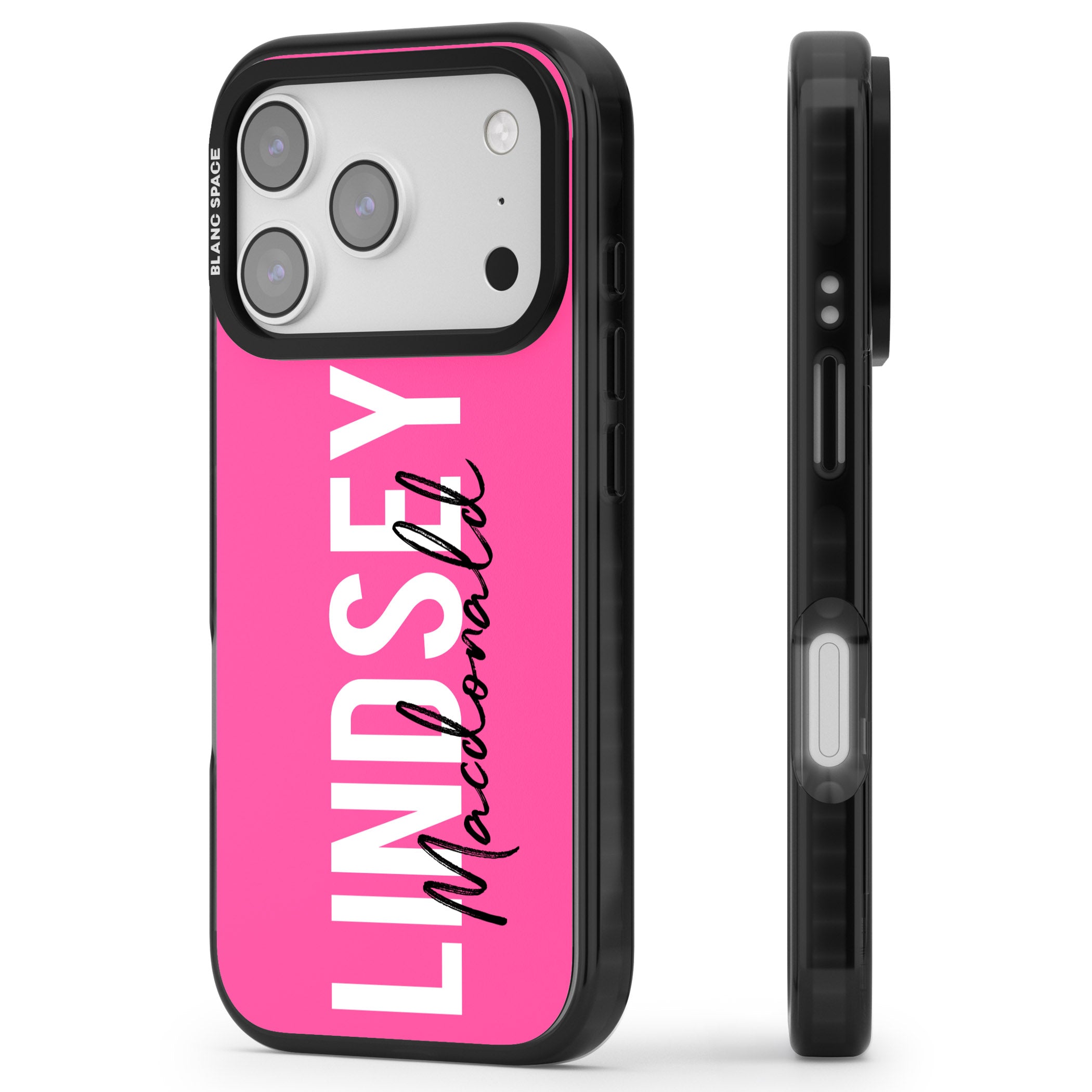 Personalised Bold Name: Pink iPhone 17 Pro Max Impact Black Phone Case Side Profile