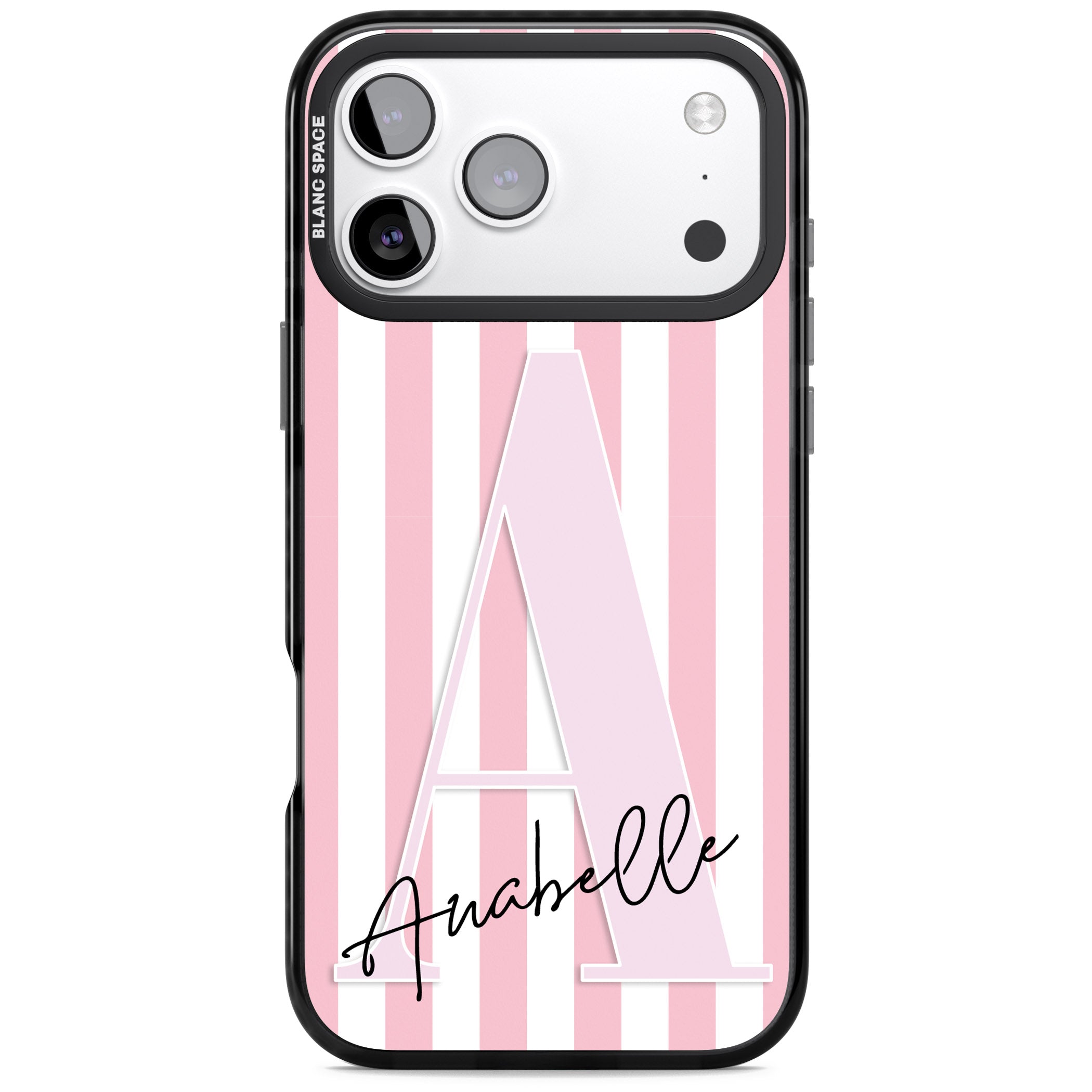 Personalised Pink Stripes & Monogram iPhone 17 Pro Max Impact Black Phone Case