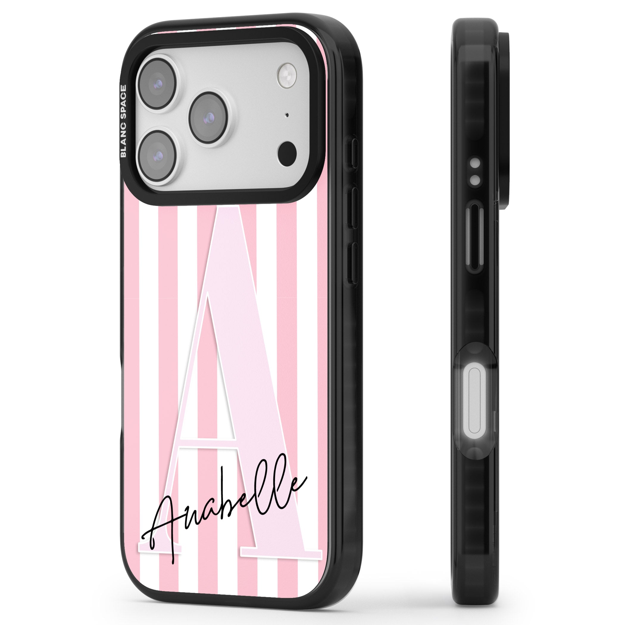 Personalised Pink Stripes & Monogram iPhone 17 Pro Impact Black Phone Case Side Profile