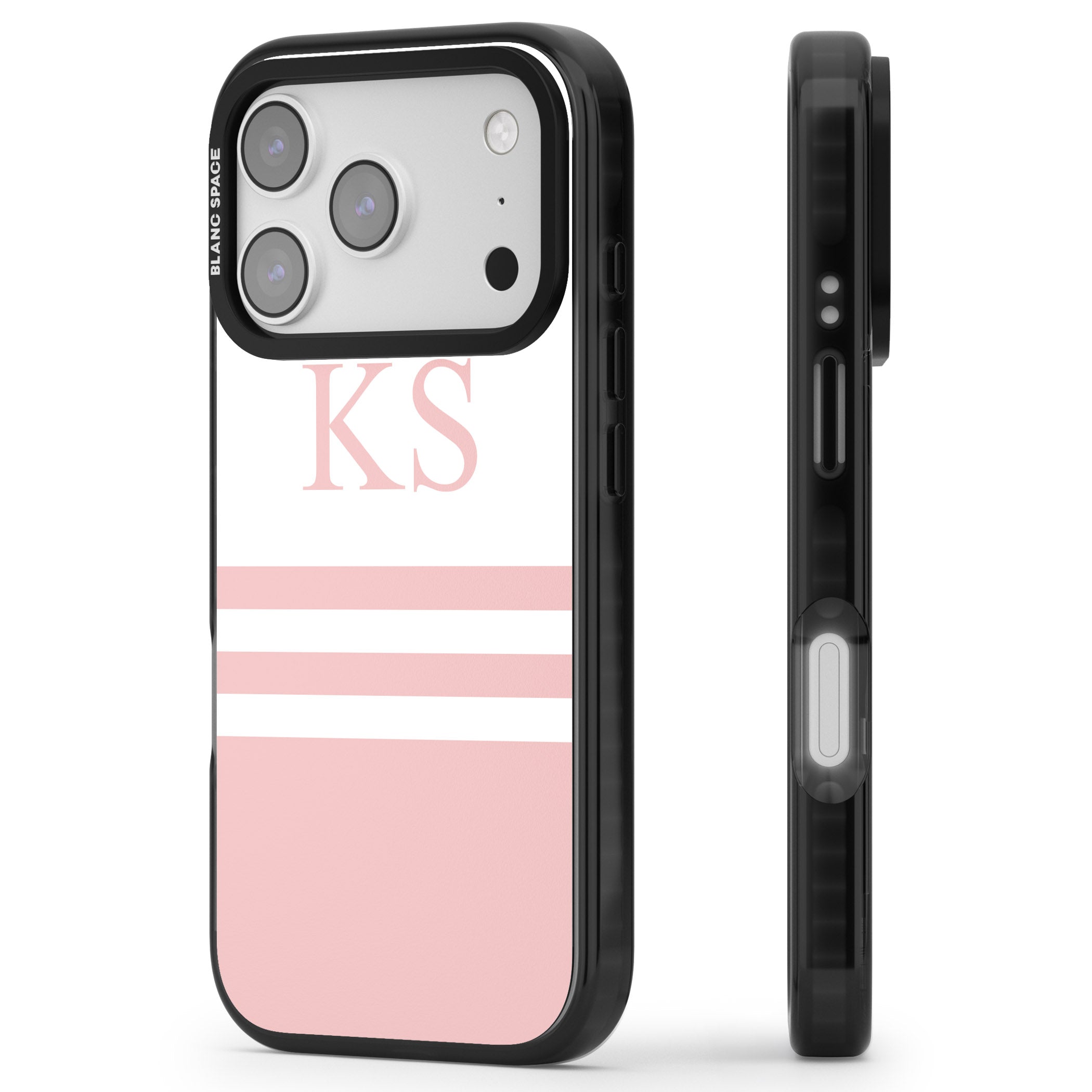 Personalised Pink Stripes & Initials iPhone 17 Pro Impact Black Phone Case Side Profile