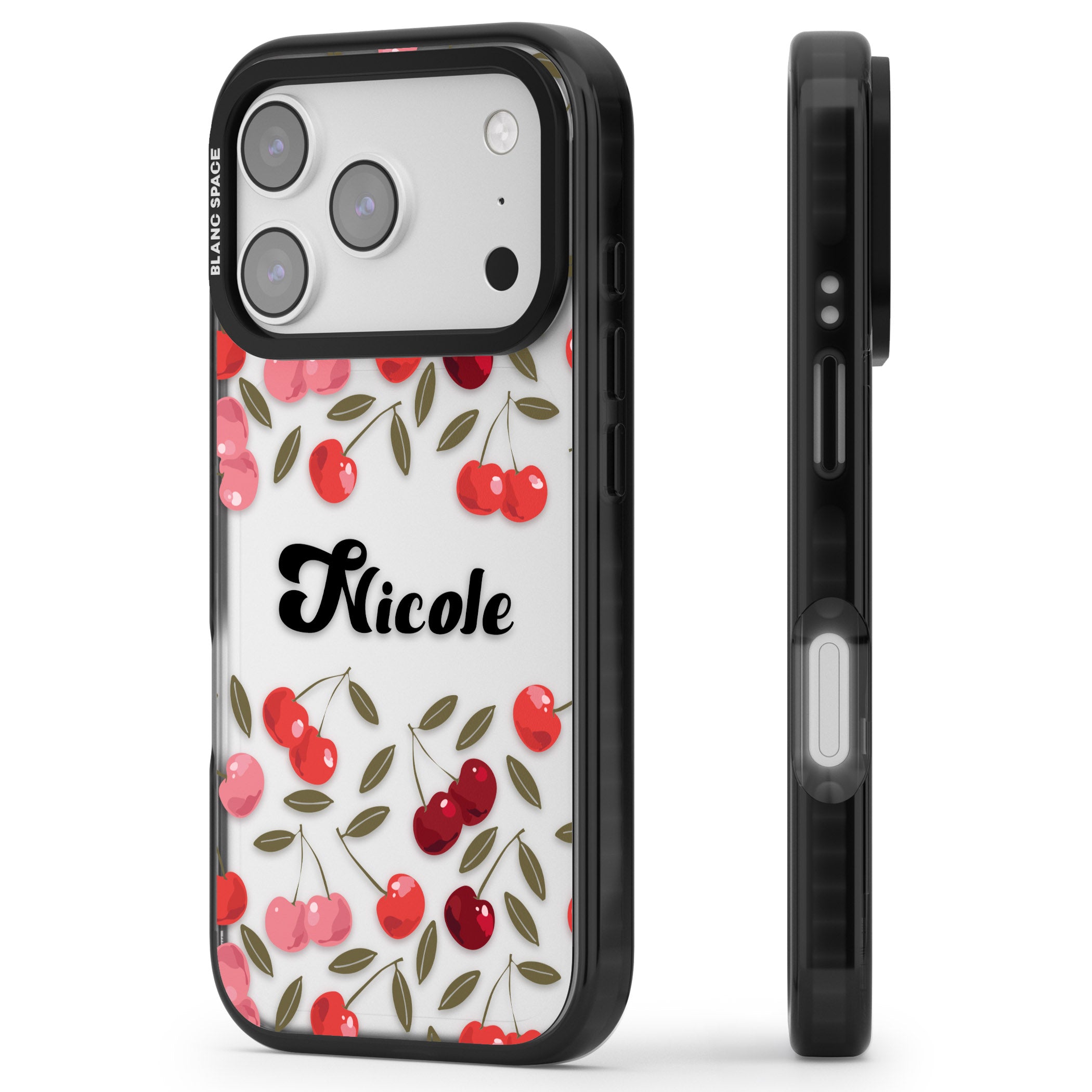 Personalised Cherry Pattern iPhone 17 Pro Max Impact Black Phone Case Side Profile