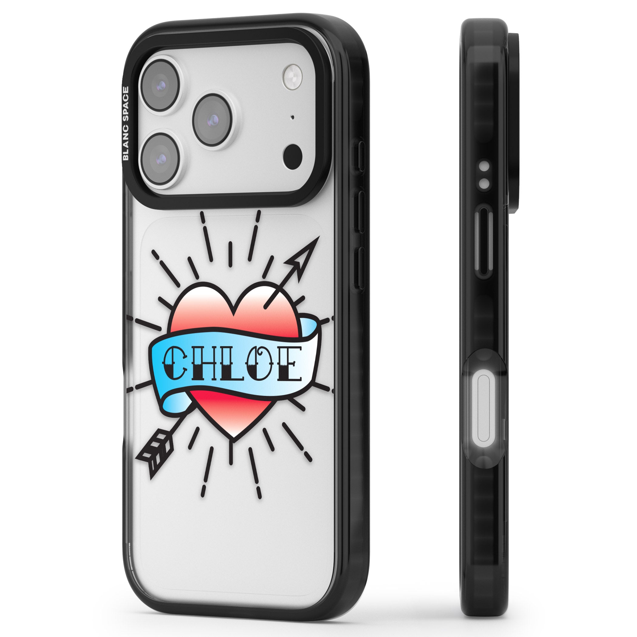 Personalised Heart Tattoo iPhone 17 Pro Impact Black Phone Case Side Profile