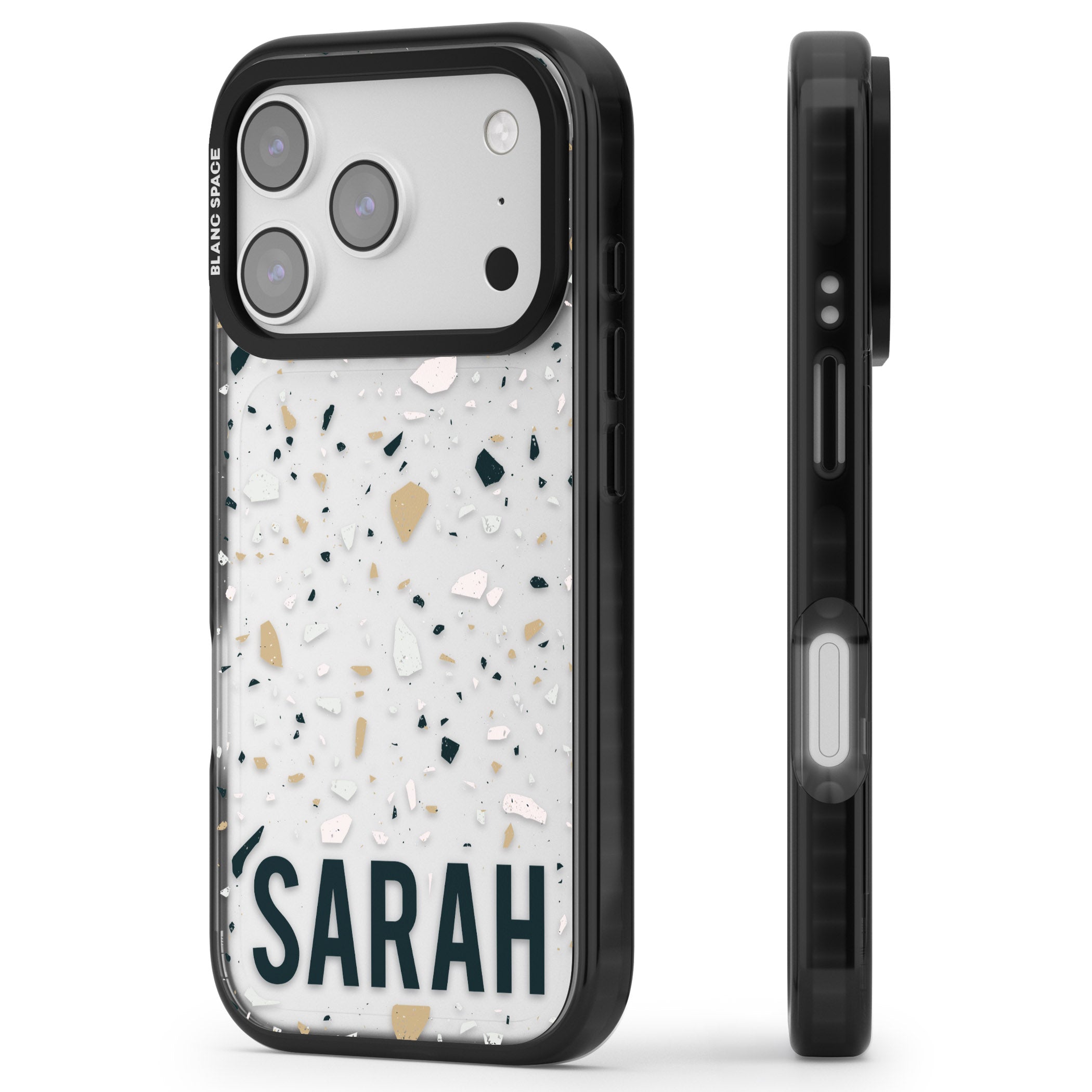 Personalised Terrazzo Blue, Pink, Brown iPhone 17 Pro Max Impact Black Phone Case Side Profile