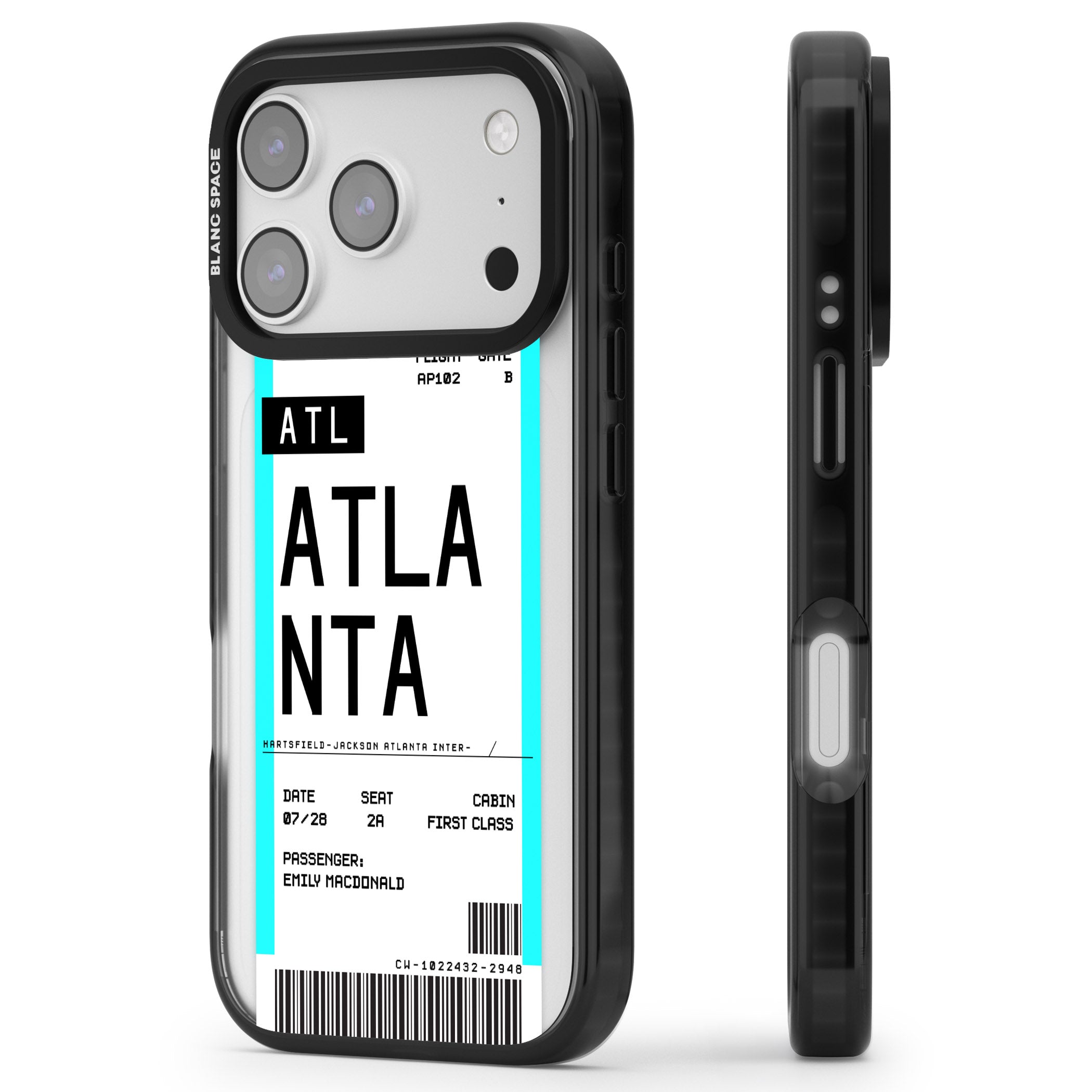 Personalised Atlanta Boarding Pass iPhone 17 Pro Impact Black Phone Case Side Profile