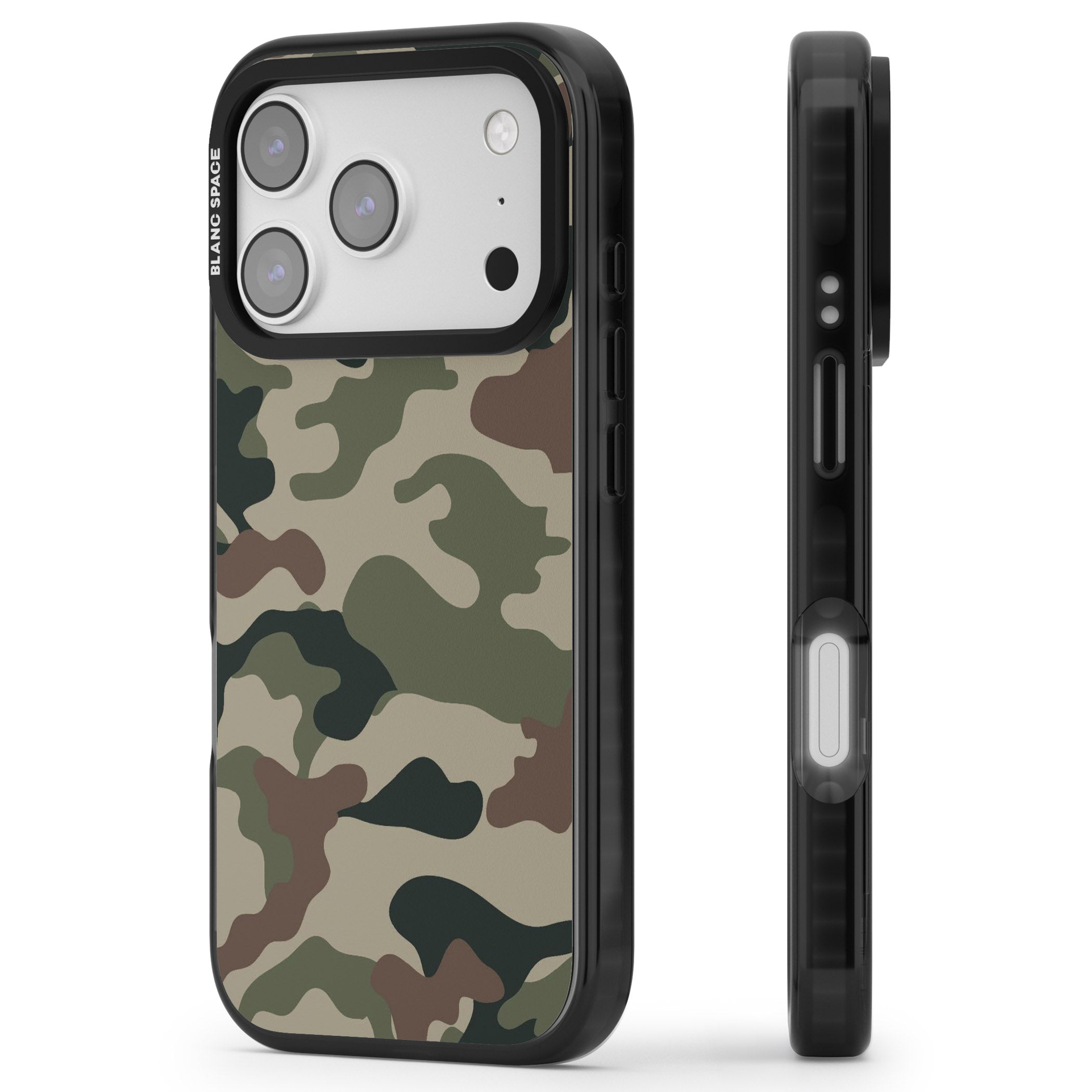 Green And Brown Camo iPhone 17 Pro Max Impact Black Phone Case Side Profile