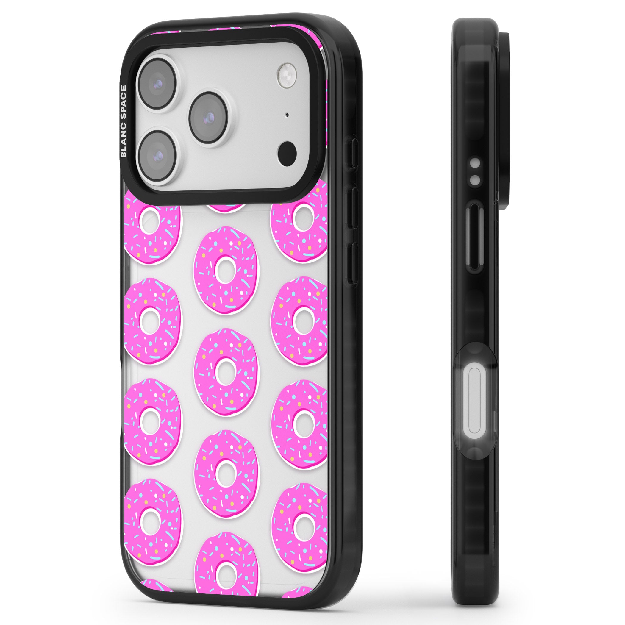 Pink Donut Pattern iPhone 17 Pro Max Impact Black Phone Case Side Profile