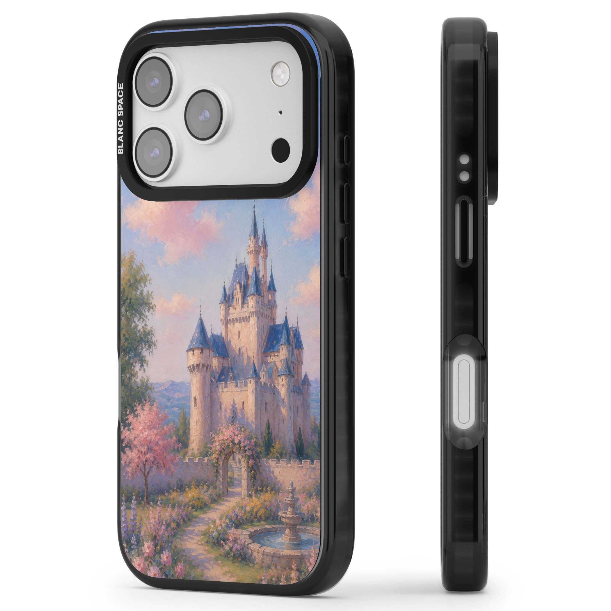 Enchanted Kingdom fairytale iPhone case featuring a romantic castle painting with cherry blossoms and pastel pink sky | Clear Impact case for iPhone 17 Pro, iPhone 17 Pro Max