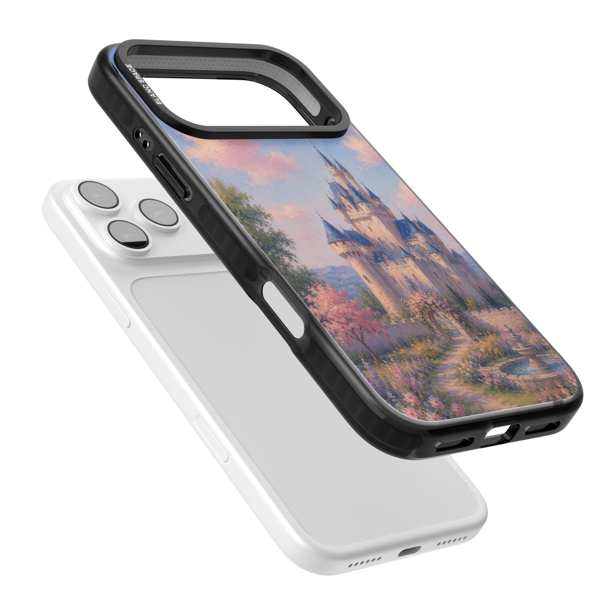 Enchanted Kingdom fairytale iPhone case featuring a romantic castle painting with cherry blossoms and pastel pink sky | Clear Impact case for iPhone 17 Pro, iPhone 17 Pro Max