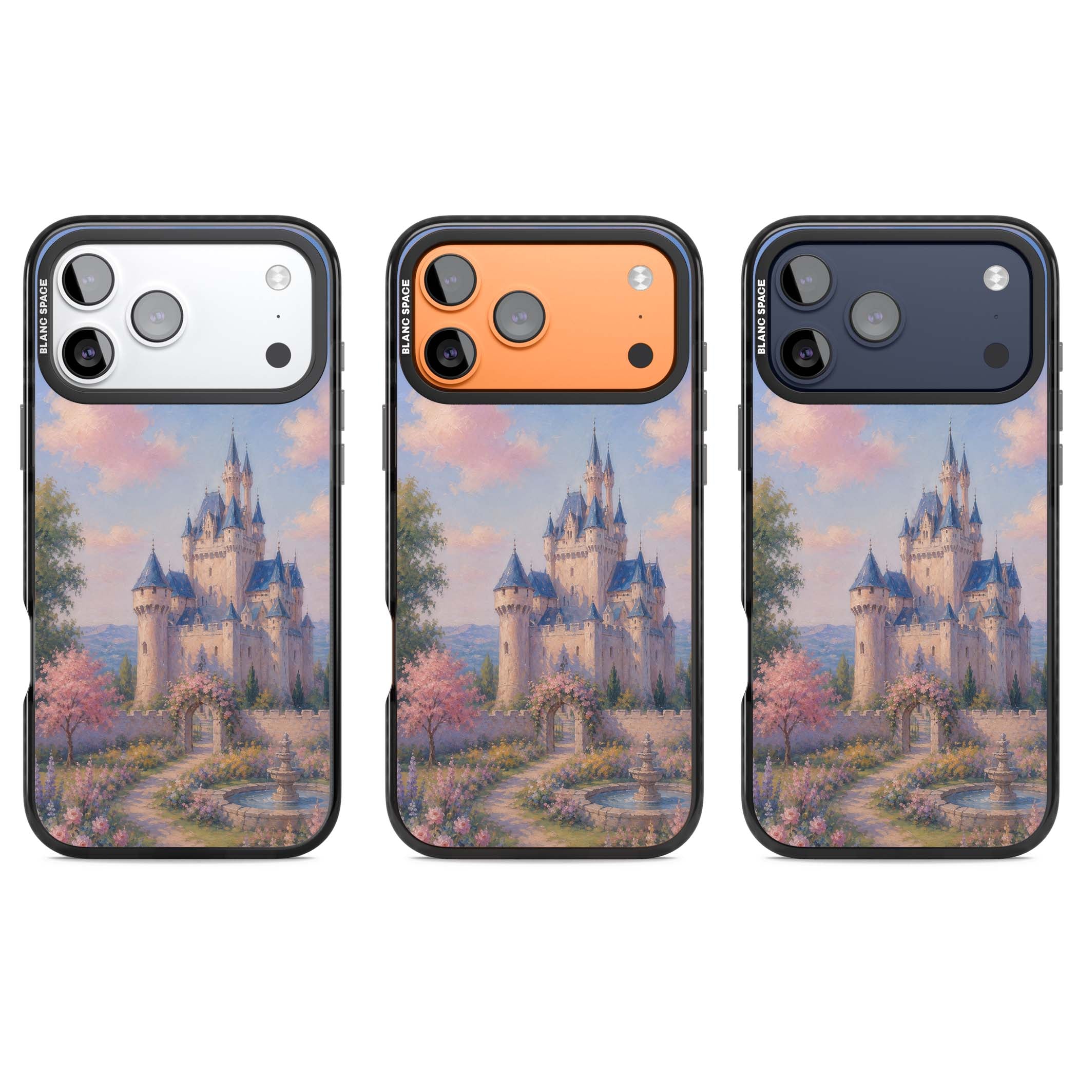 Enchanted Kingdom fairytale iPhone case featuring a romantic castle painting with cherry blossoms and pastel pink sky | Clear Impact case for iPhone 17 Pro, iPhone 17 Pro Max