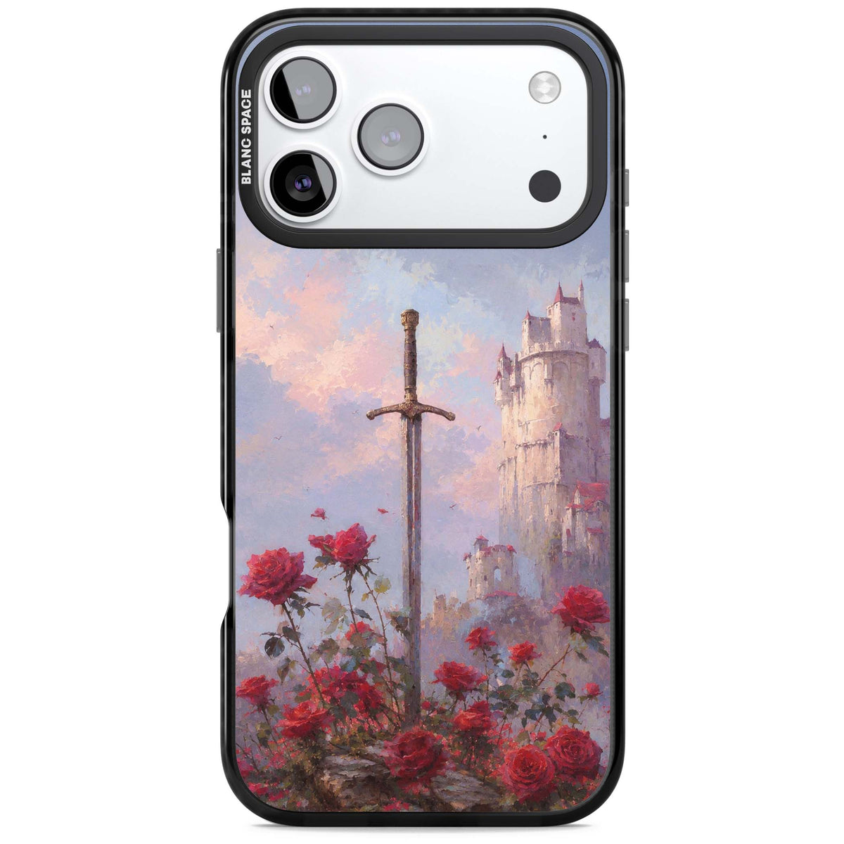 Sword in Roses medieval art iPhone case featuring a sword, red roses, and a misty fairytale castle at sunset | Clear Impact case for iPhone 17 Pro, iPhone 17 Pro Max