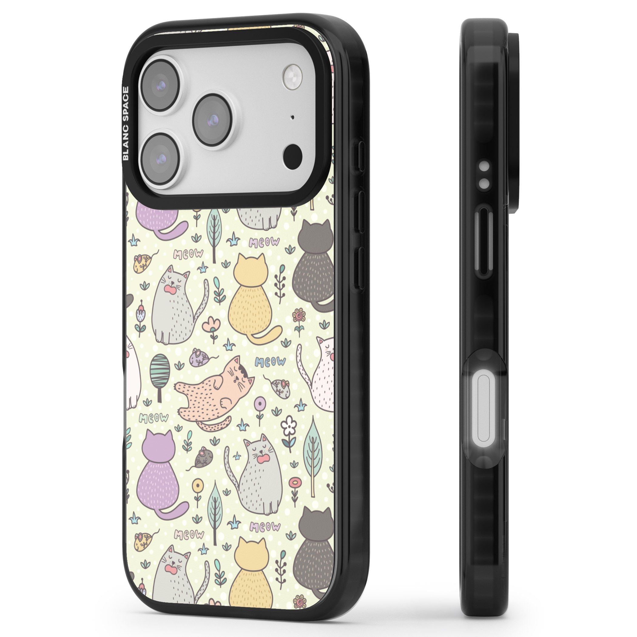 Cat Pattern Cream iPhone 17 Pro Impact Black Phone Case Side Profile