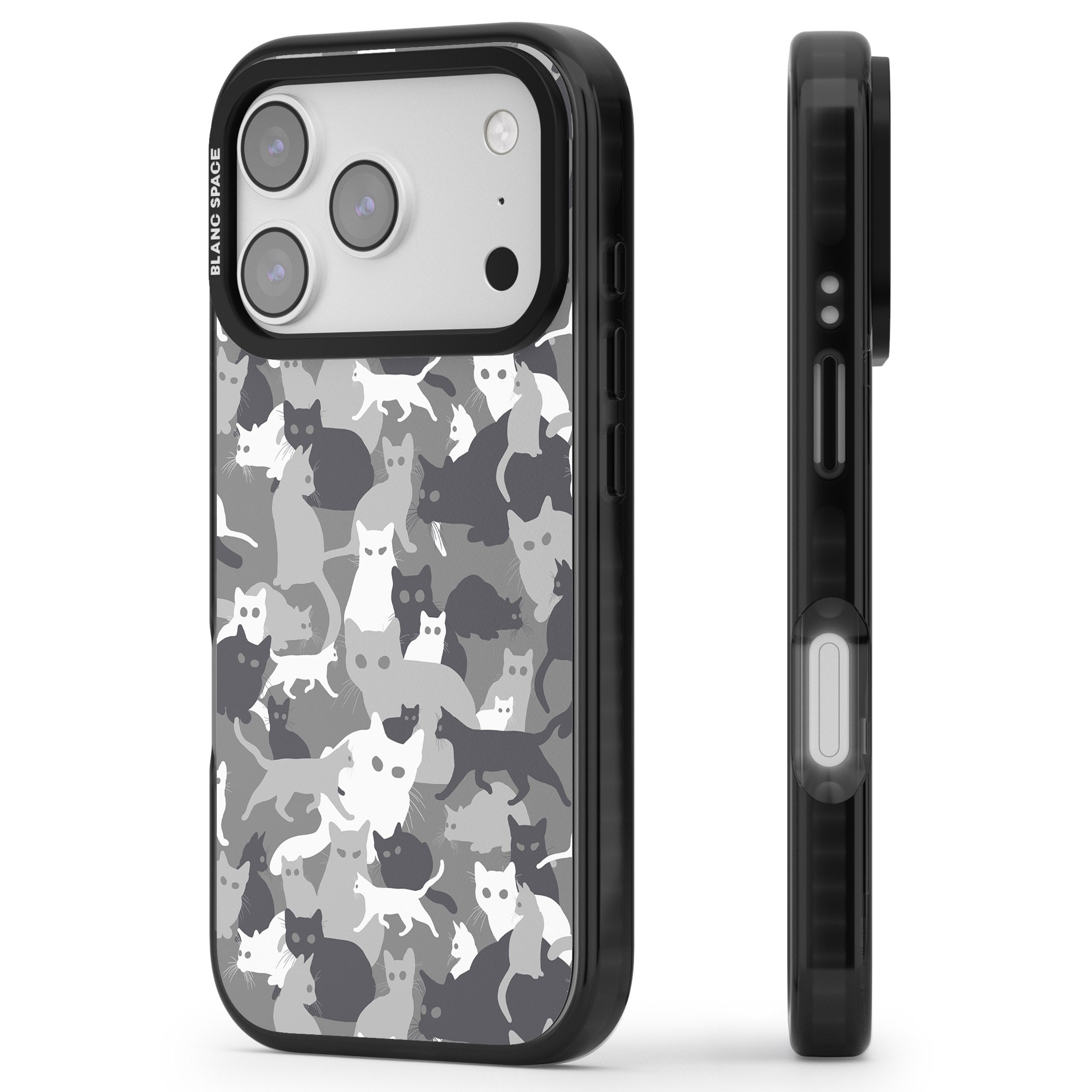Dark Grey Cat Camouflage iPhone 17 Pro Impact Black Phone Case Side Profile