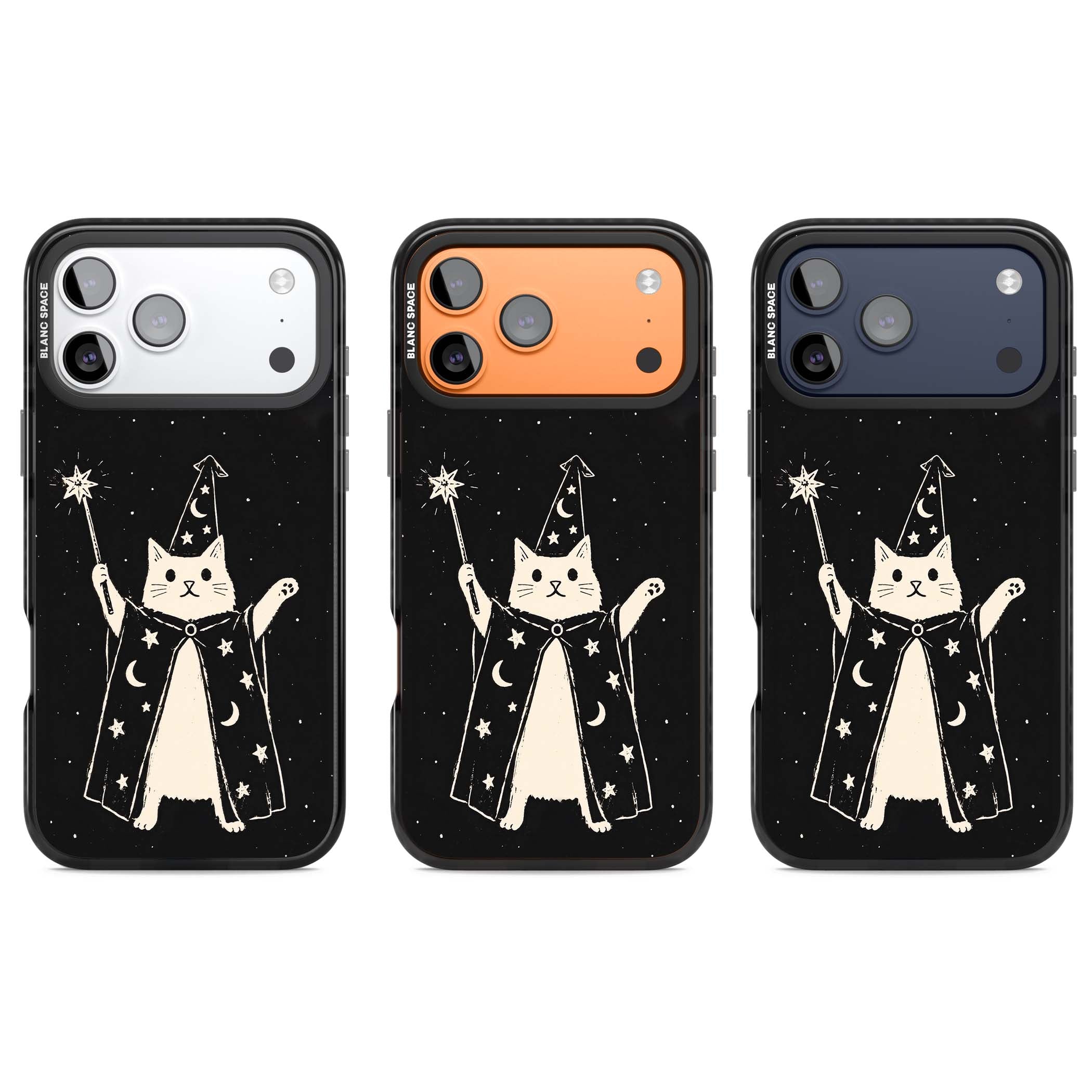 Whisker Wizard celestial cat iPhone case featuring a wizard cat with magic wand, starry night sky and crescent moons | Clear Impact case for iPhone 17 Pro, iPhone 17 Pro Max