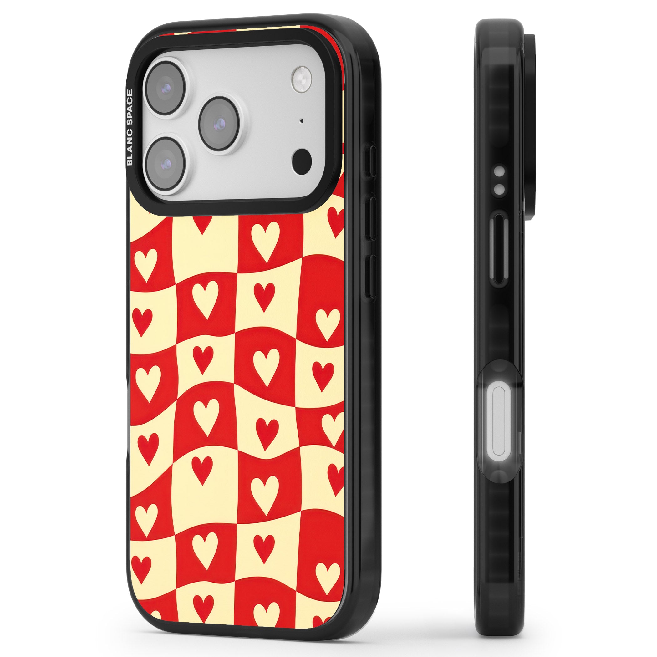 Red Wavy Checked & Hearts iPhone 17 Pro Impact Black Phone Case Side Profile