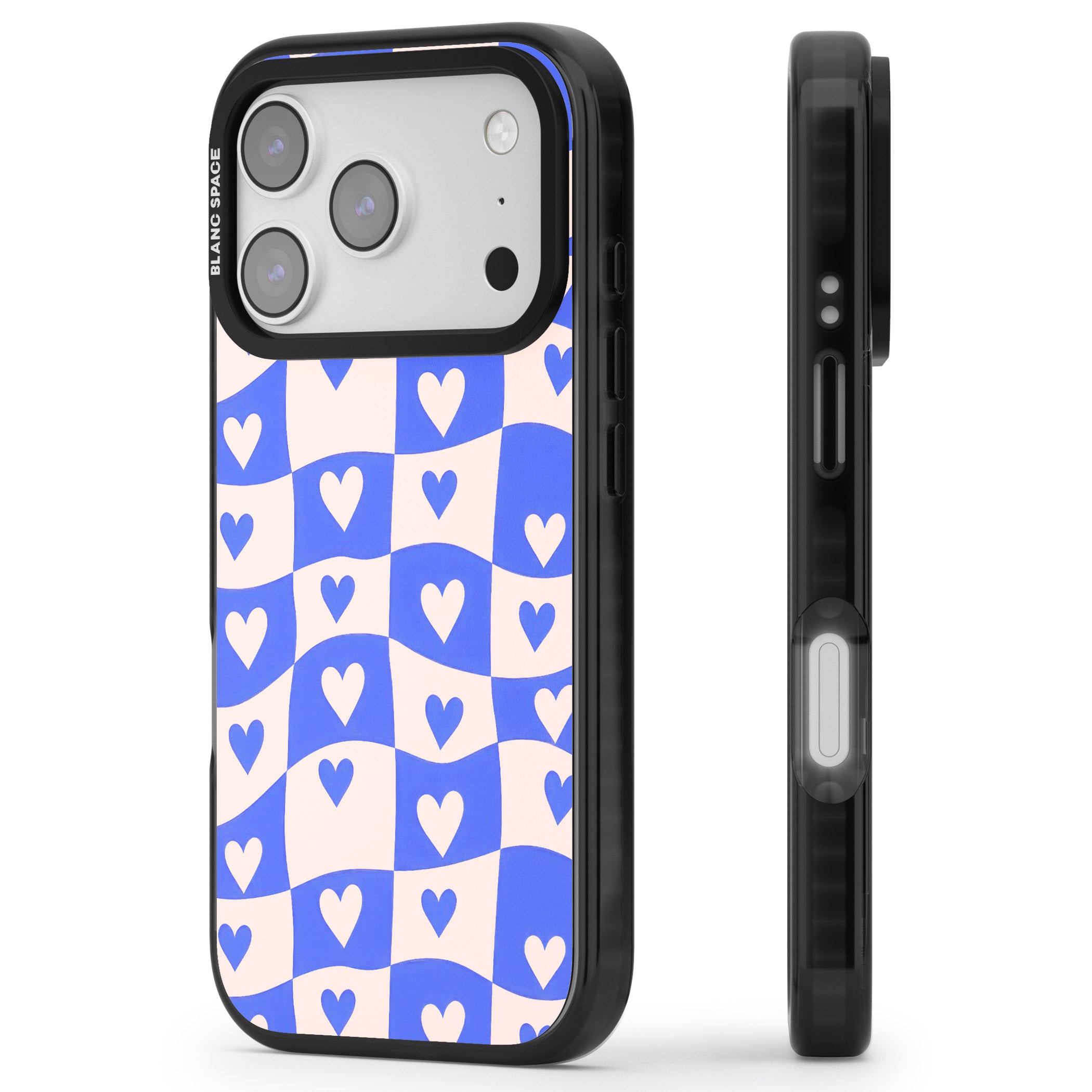Blue Wavy Checked Hearts iPhone 17 Pro Max Impact Black Phone Case Side Profile