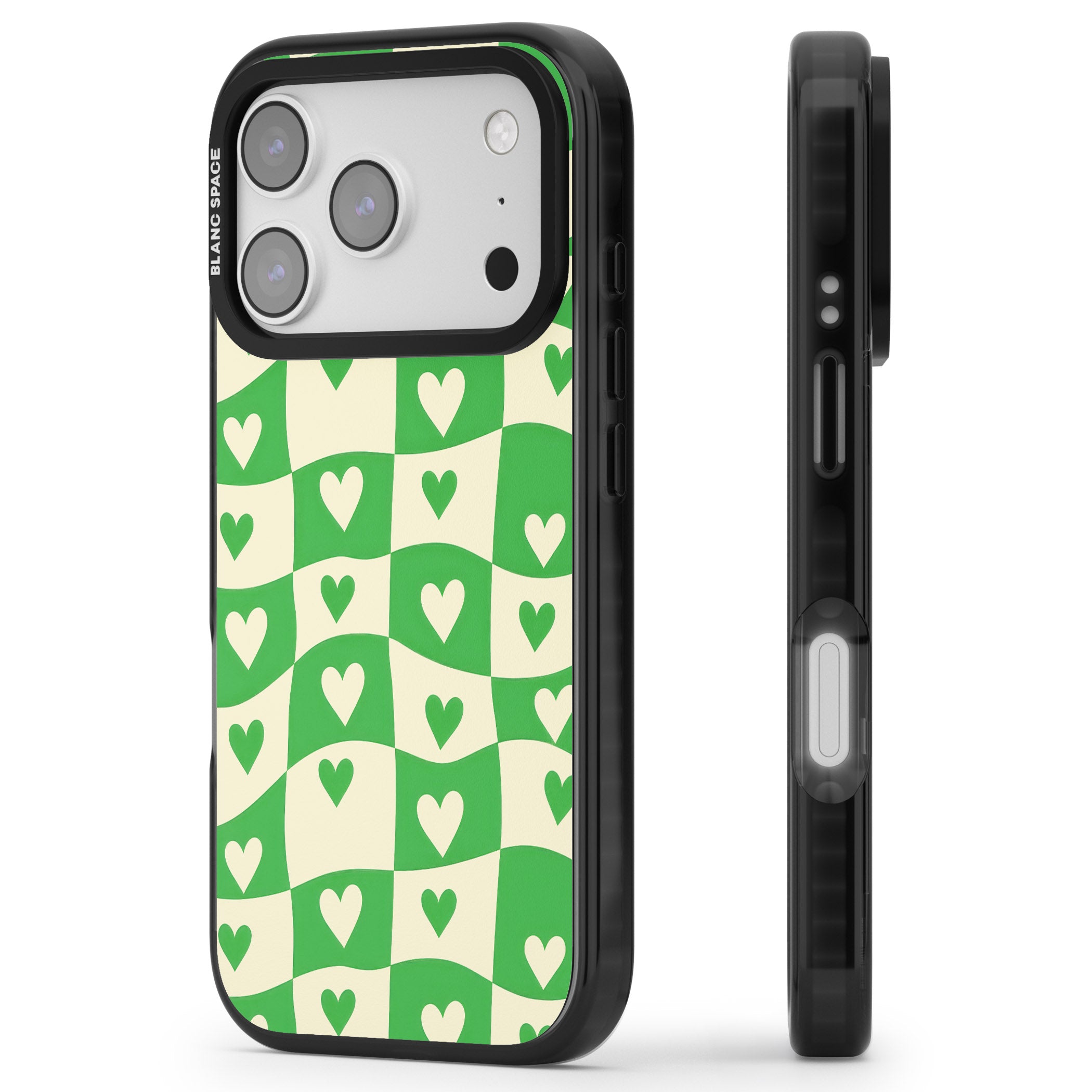 Green Wavy Checked Hearts iPhone 17 Pro Impact Black Phone Case Side Profile