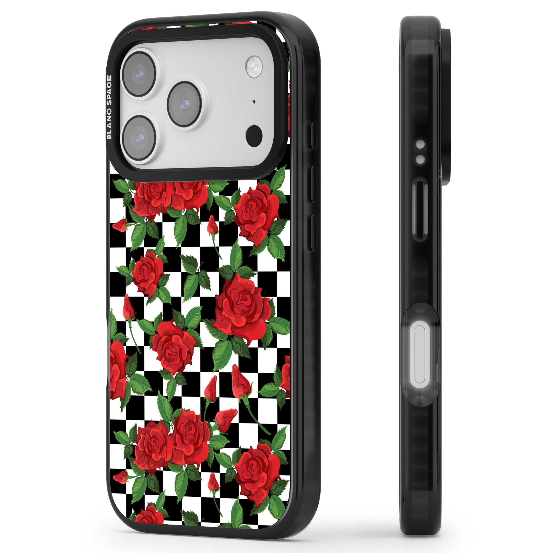 Checkered Roses iPhone 17 Pro Max Impact Black Phone Case Side Profile