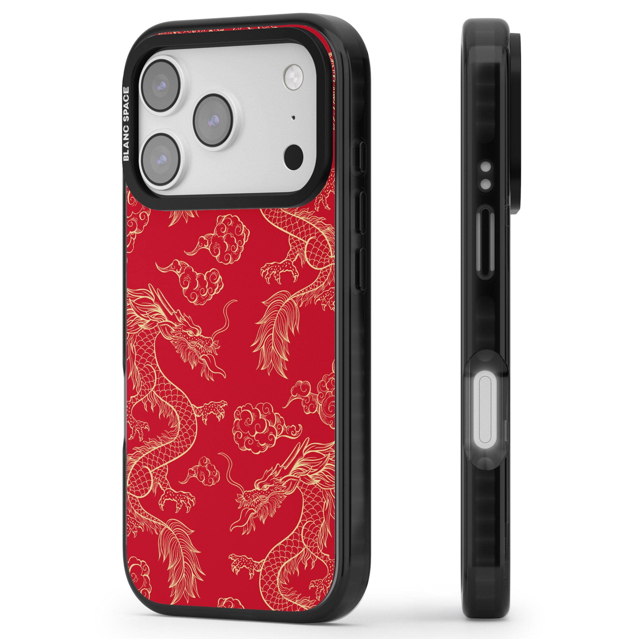 Red And Gold Dragon Pattern iPhone 17 Pro Impact Black Phone Case Side Profile