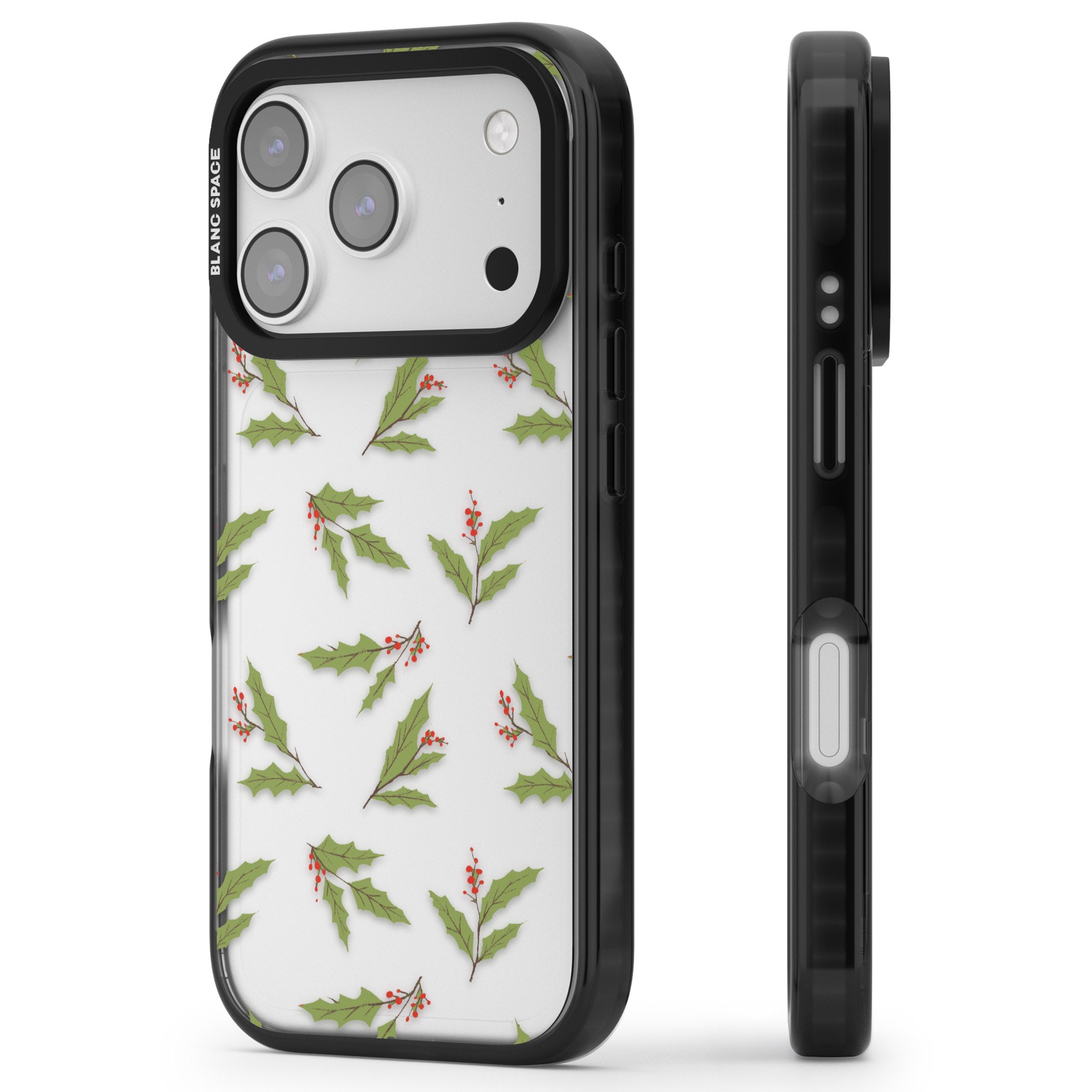 Christmas Holly Pattern iPhone 17 Pro Impact Black Phone Case Side Profile