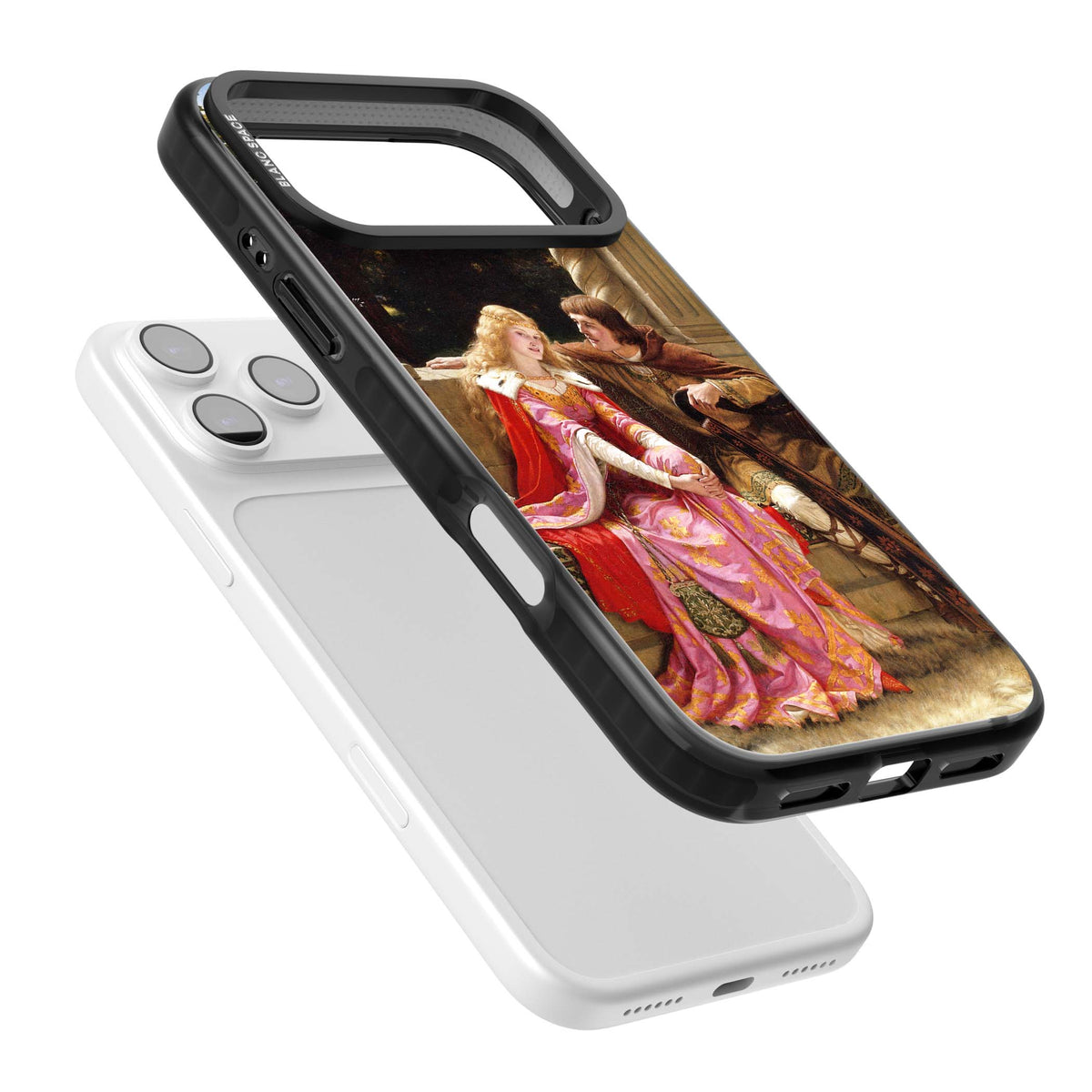 The End of the Song classic art iPhone case featuring a medieval lady in pink gown and her knight in a stone archway | Clear Impact case for iPhone 17 Pro, iPhone 17 Pro Max