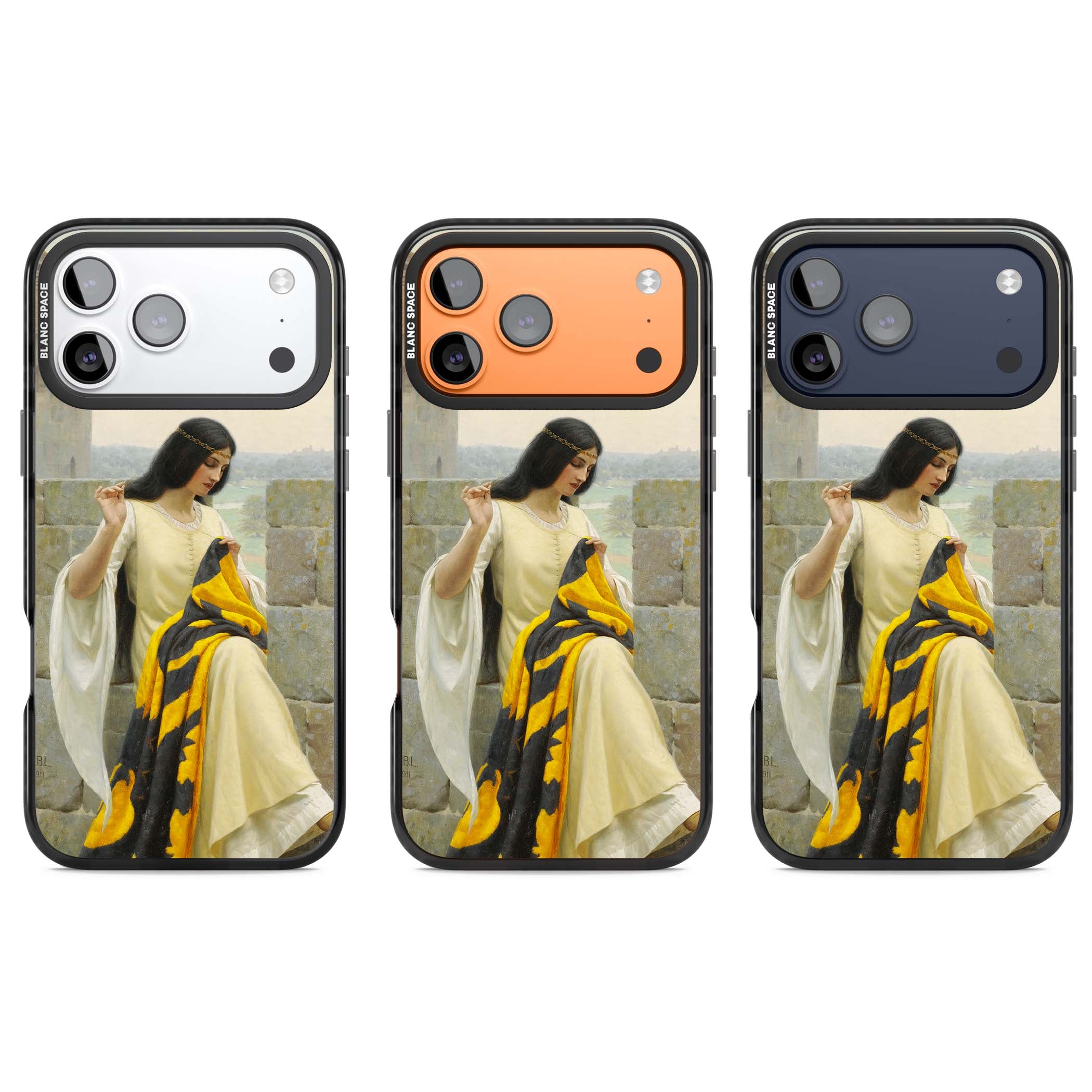 Stitching the Standard renaissance art iPhone case featuring a medieval lady sewing a golden banner on a castle wall | Clear Impact case for iPhone 17 Pro, iPhone 17 Pro Max