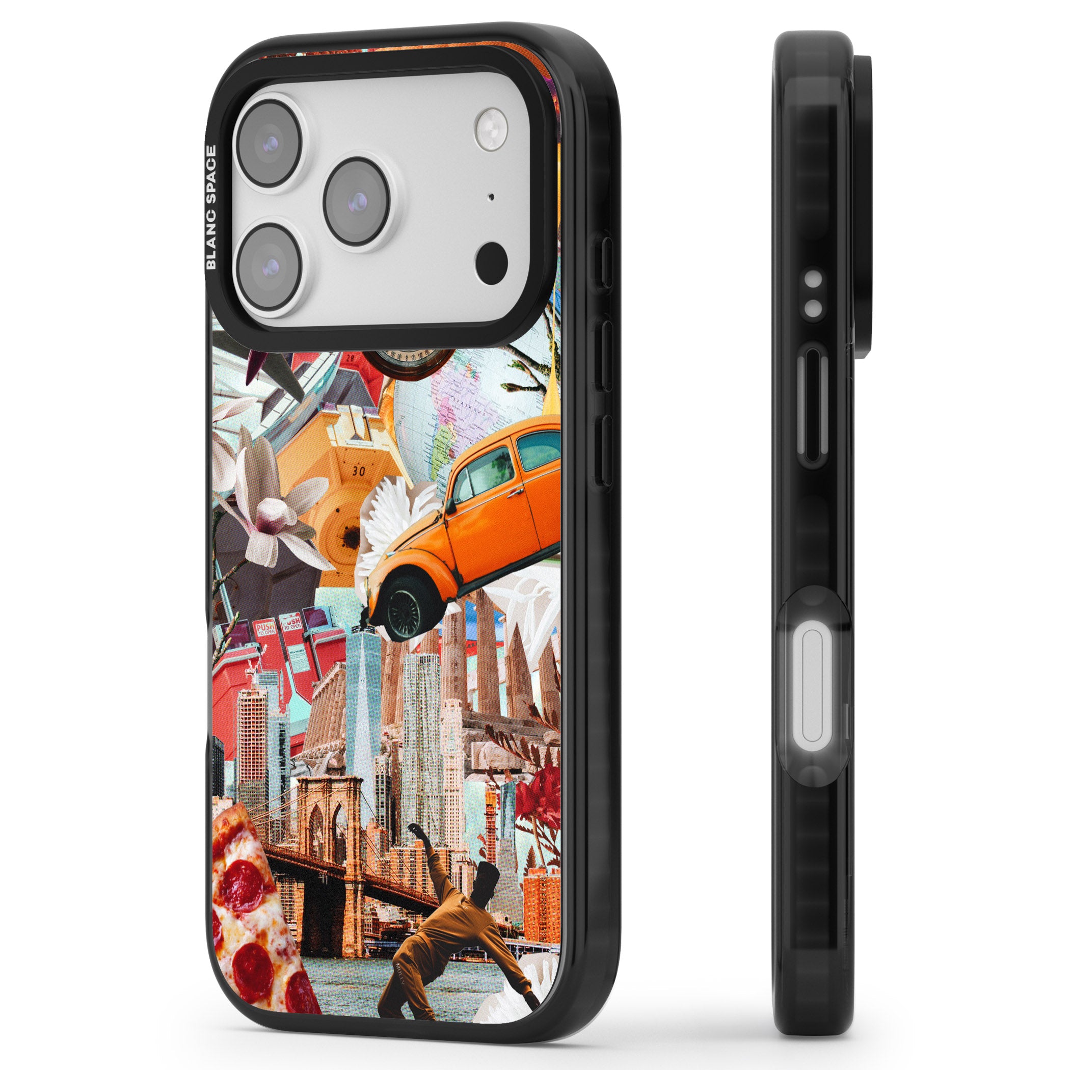 Bold New York Collage iPhone 17 Pro Impact Black Phone Case Side Profile