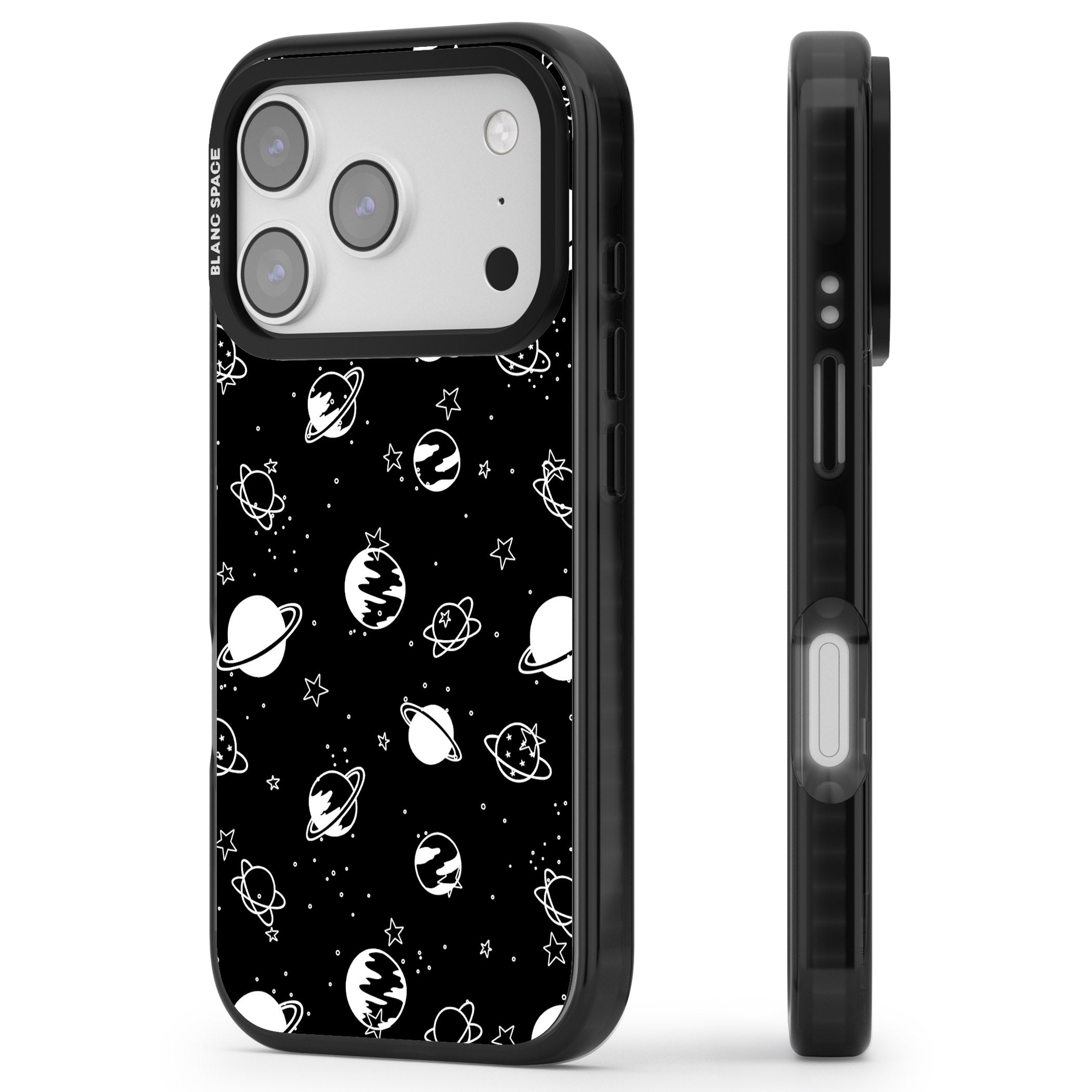 White Planets On Black iPhone 17 Pro Impact Black Phone Case Side Profile