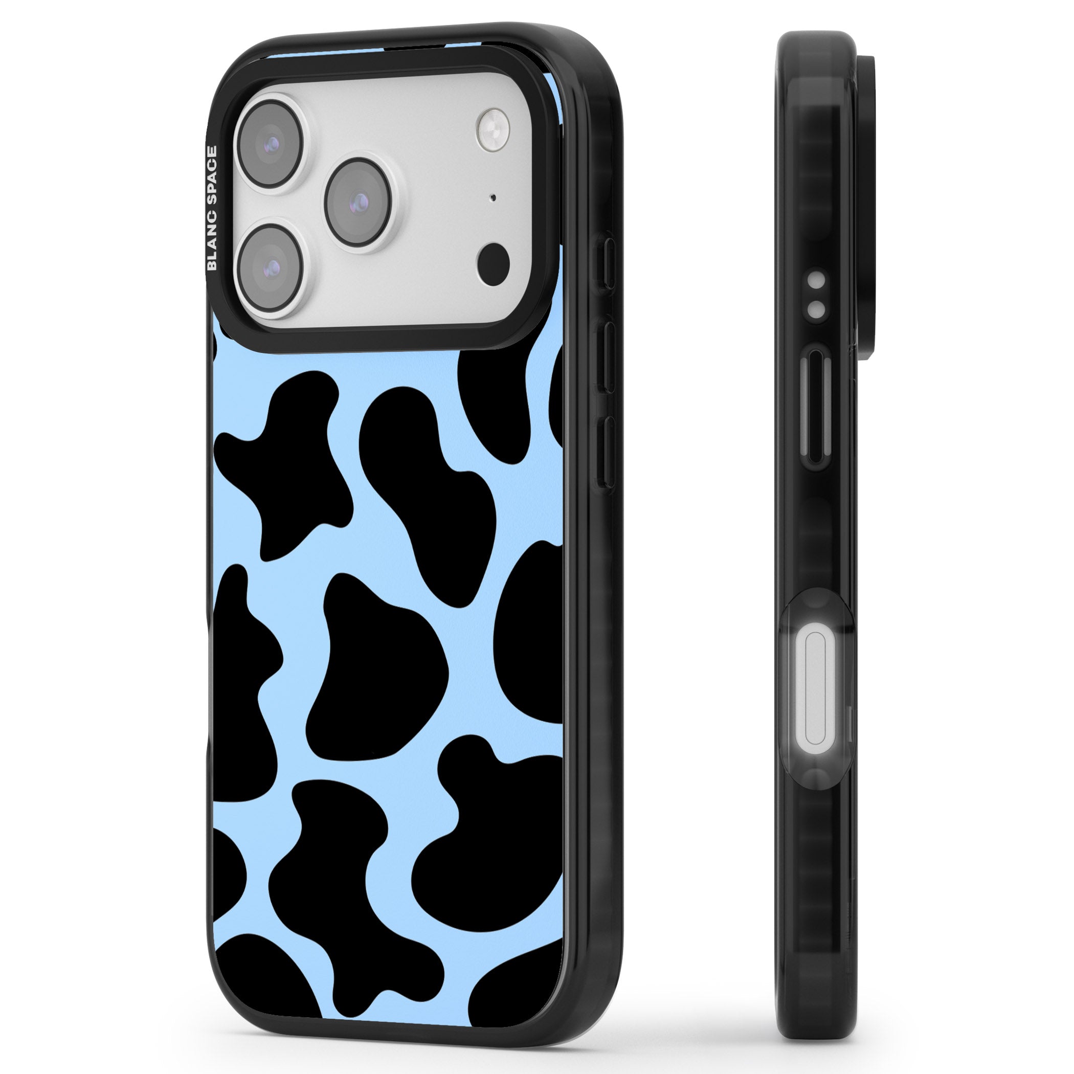 Blue And Black Cow Print iPhone 17 Pro Max Impact Black Phone Case Side Profile