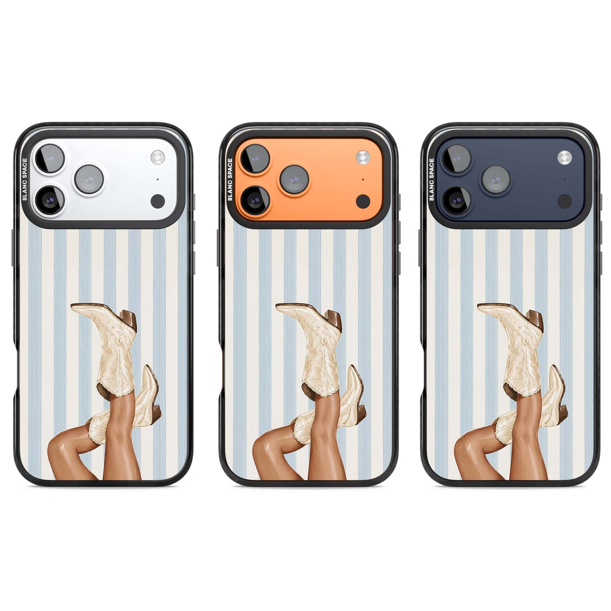 Cowgirl Boots coastal cowgirl iPhone case featuring embroidered western boots, tanned legs and a blue stripe backdrop | Clear Impact case for iPhone 17 Pro, iPhone 17 Pro Max