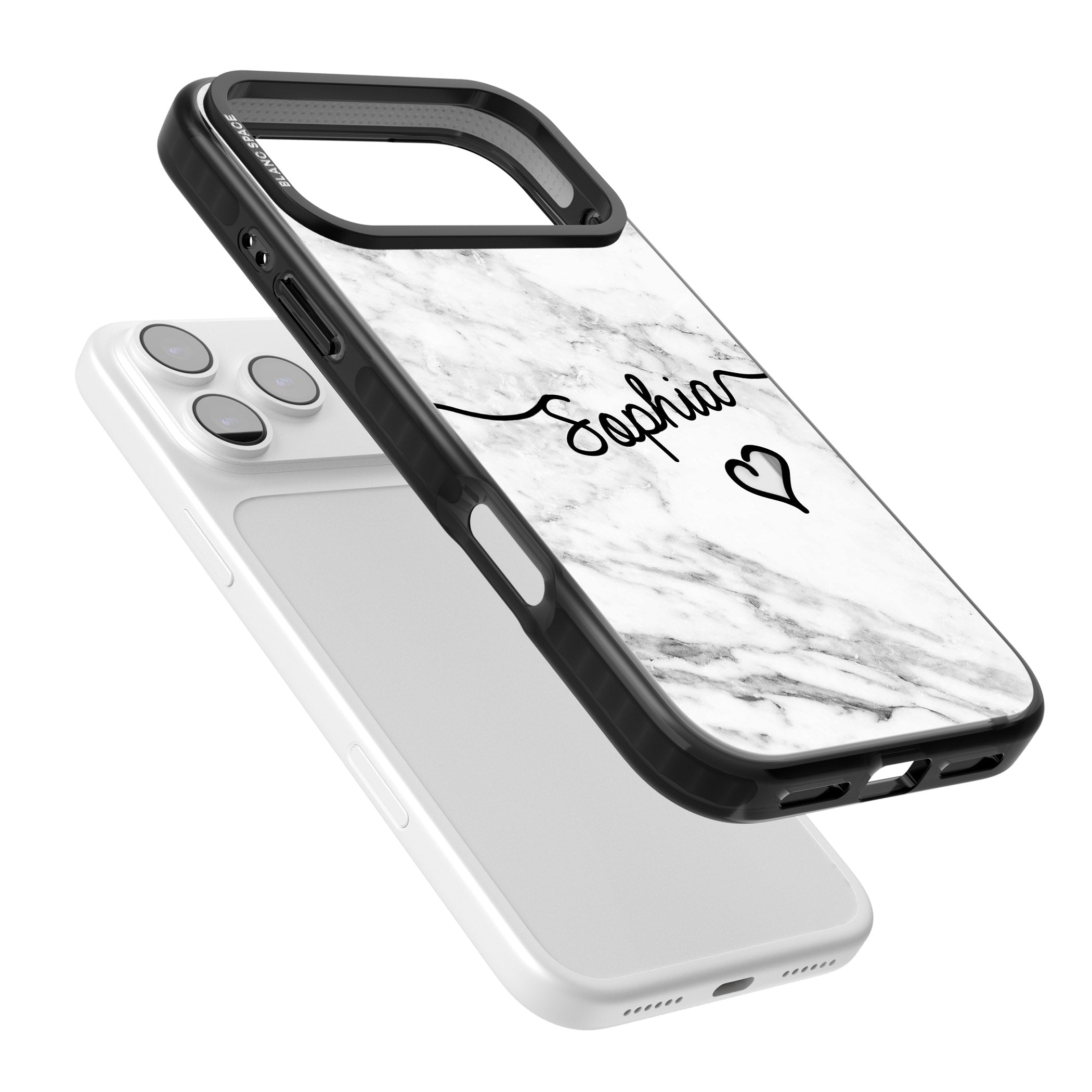 Personalised White Marble Heart iPhone 17 Pro Max Impact Black Phone Case Colours