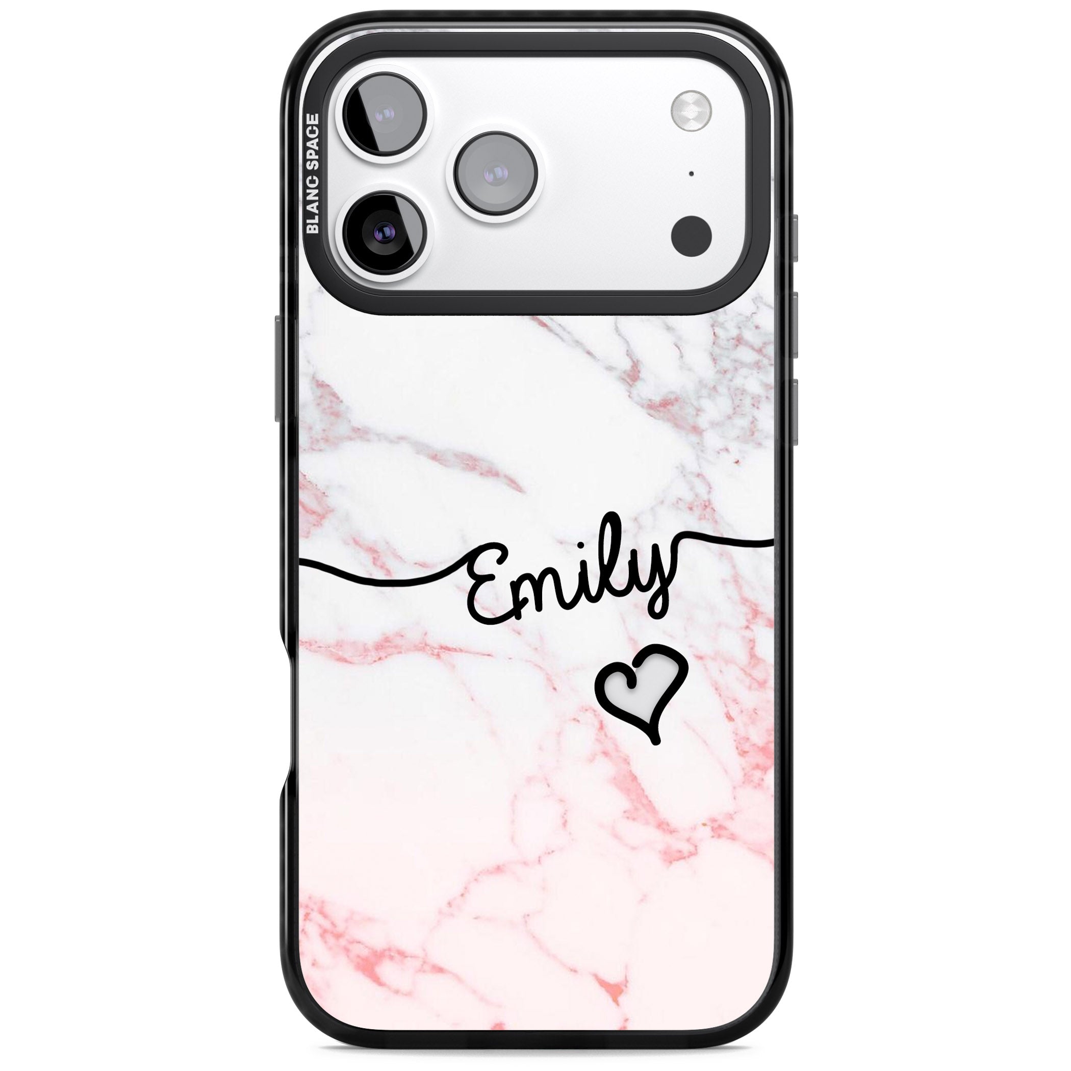 Personalised Pink Fade Marble Heart iPhone 17 Pro Max Impact Black Phone Case