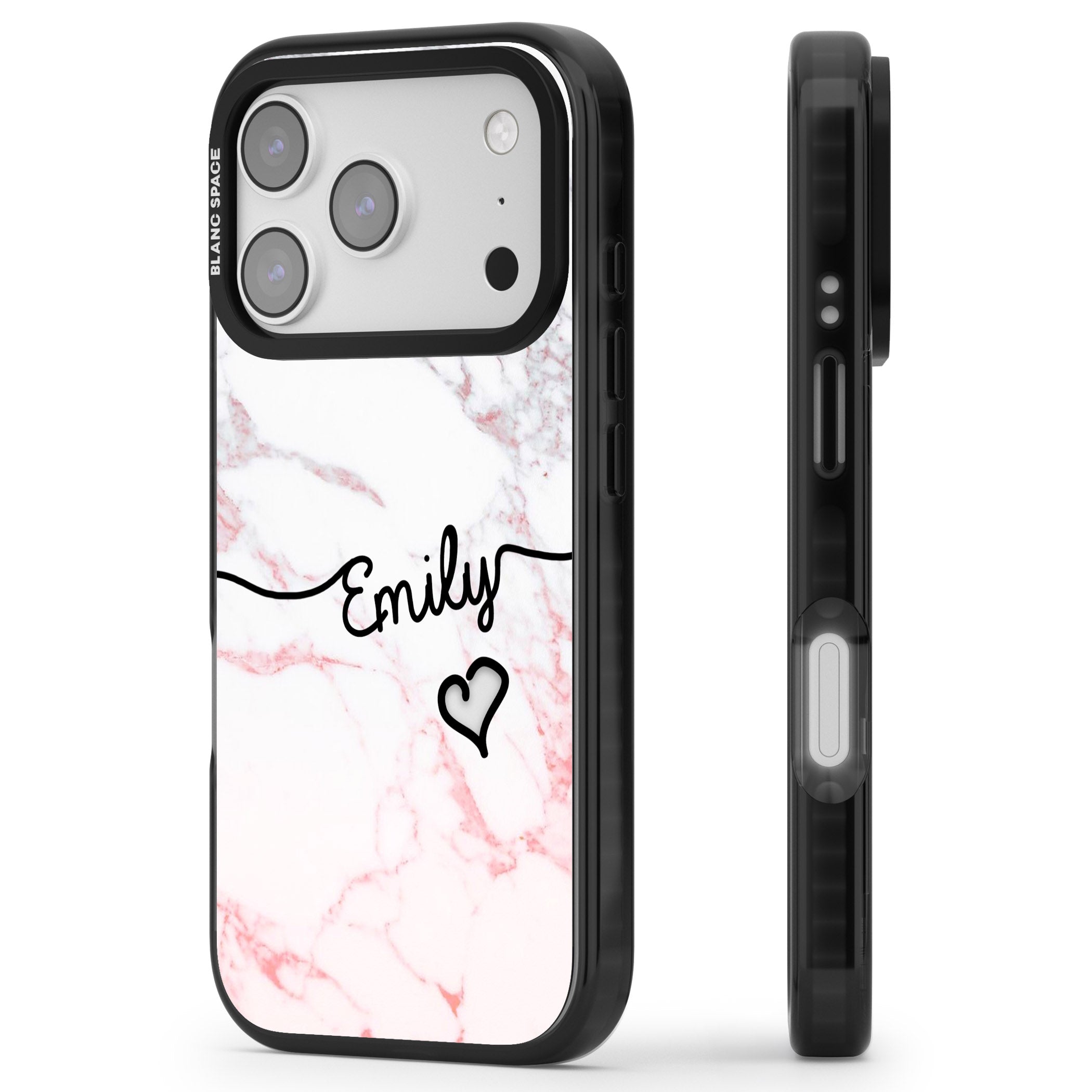 Personalised Pink Fade Marble Heart iPhone 17 Pro Max Impact Black Phone Case Side Profile