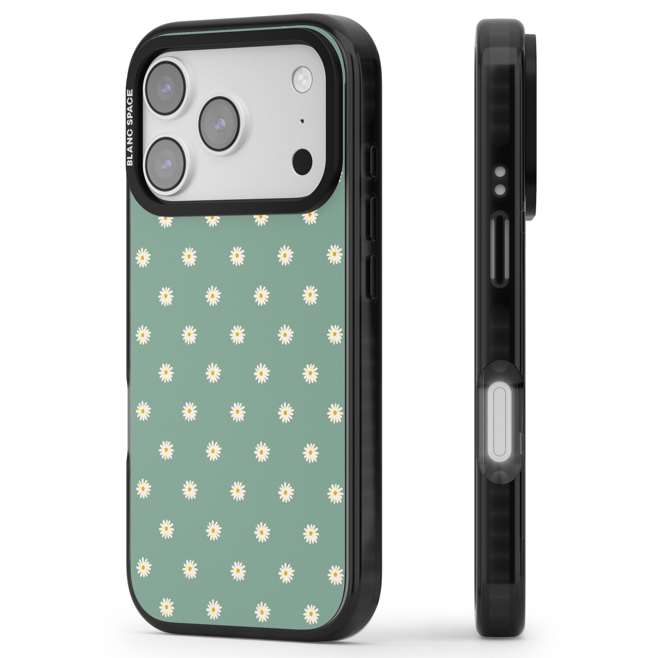 Sage Daisy Floral iPhone 17 Pro Impact Black Phone Case Side Profile