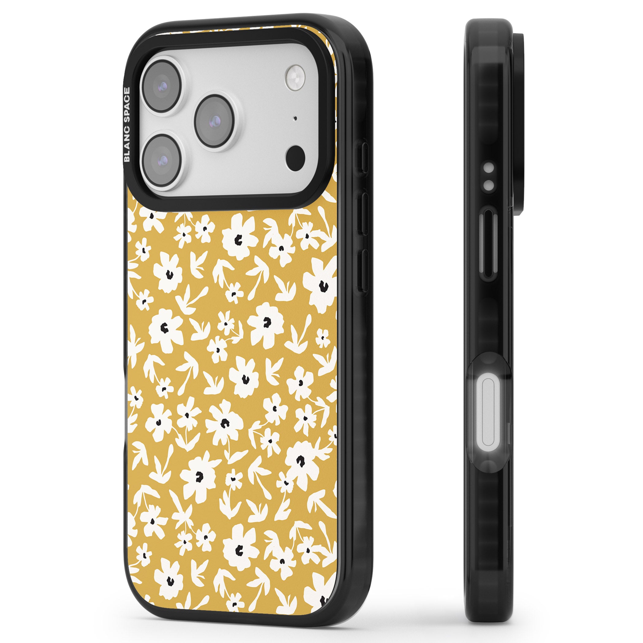 Mustard Floral iPhone 17 Pro Impact Black Phone Case Side Profile