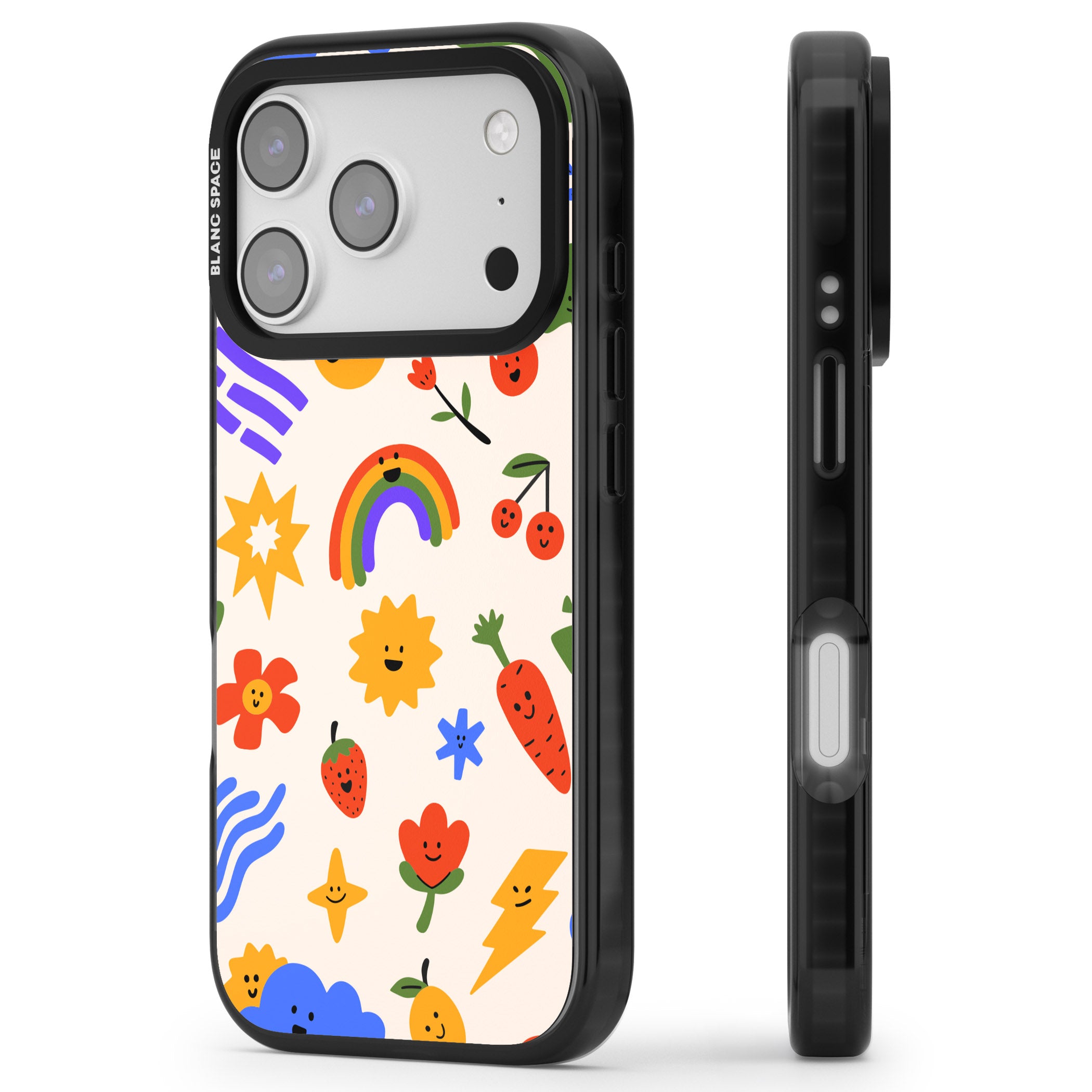 Playful Kawaii Icons iPhone 17 Pro Impact Black Phone Case Side Profile