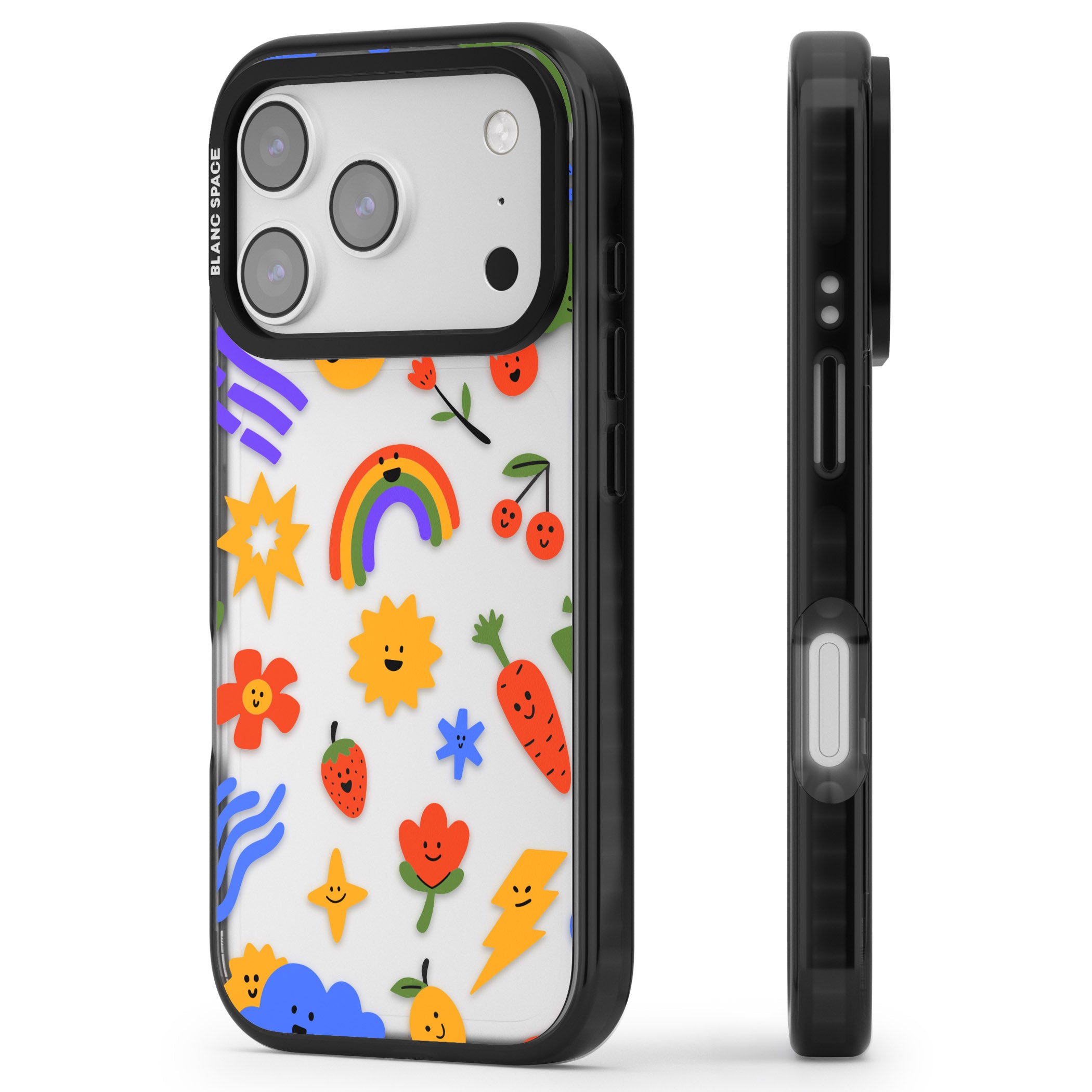 Colorful Kawaii Icons iPhone 17 Pro Impact Black Phone Case Side Profile